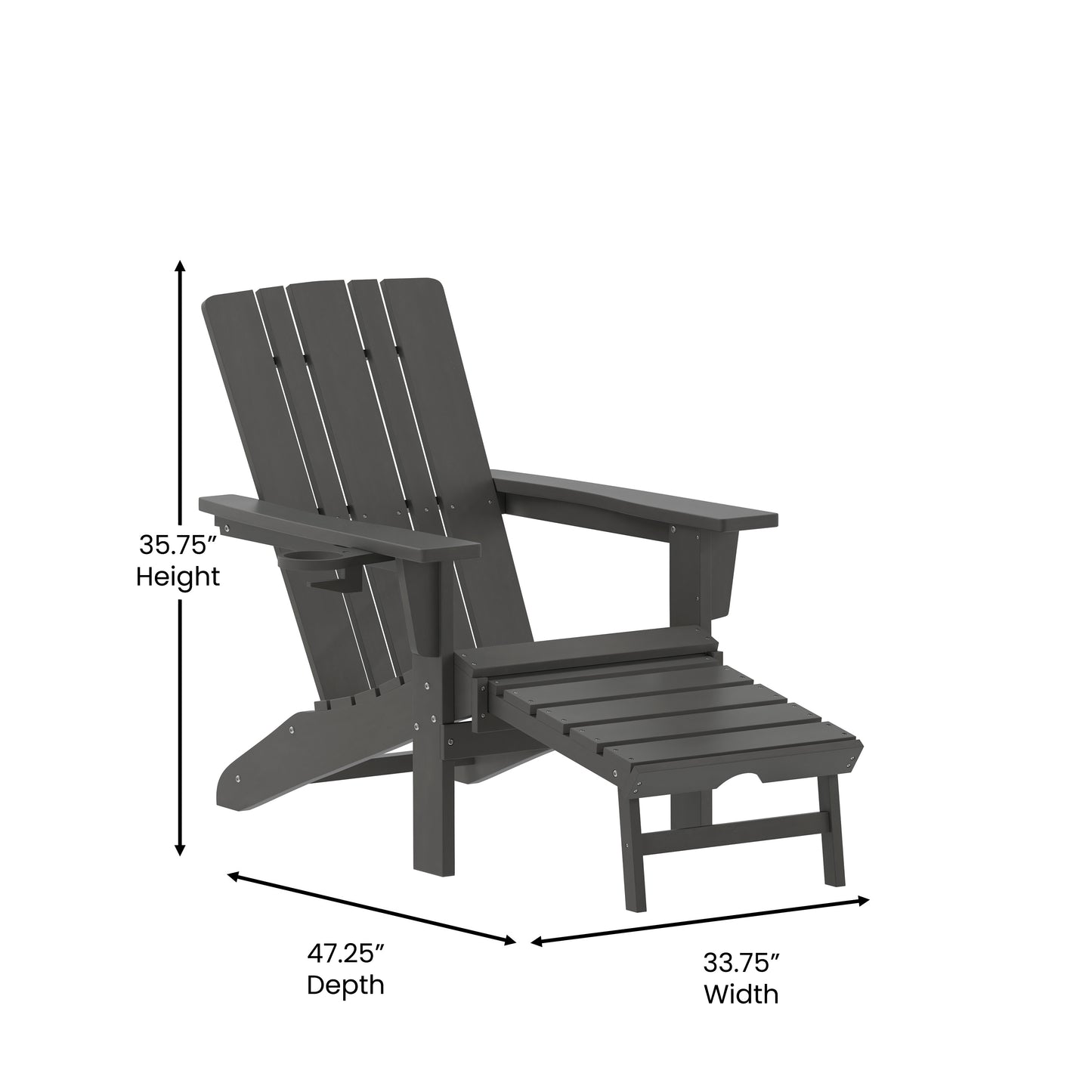 Halifax HDPE Adirondack Chair with Cup Holder and Pull Out Ottoman, All-Weather HDPE Indoor/Outdoor Lounge Chair in Gray Gray