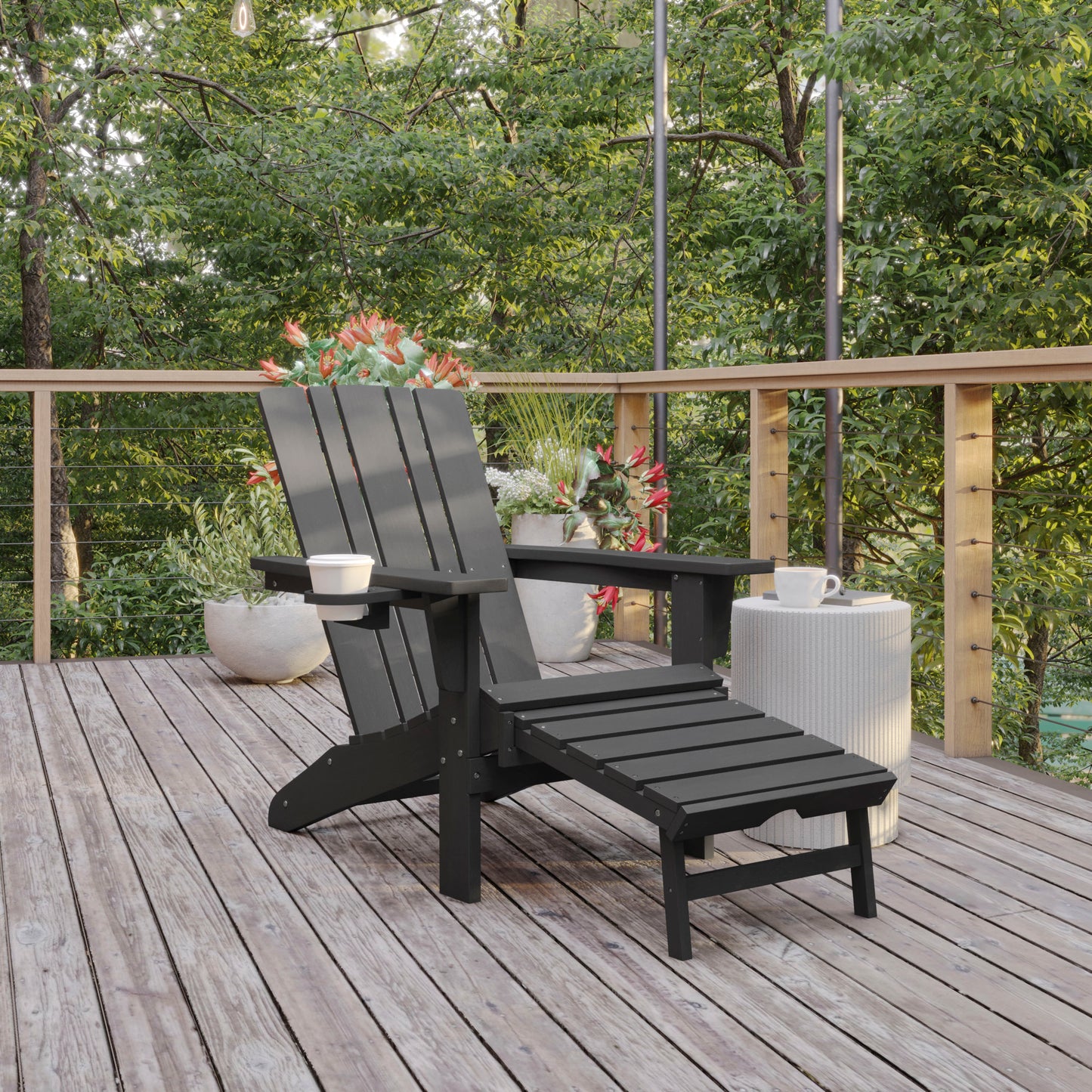 Halifax HDPE Adirondack Chair with Cup Holder and Pull Out Ottoman, All-Weather HDPE Indoor/Outdoor Lounge Chair in Gray Gray