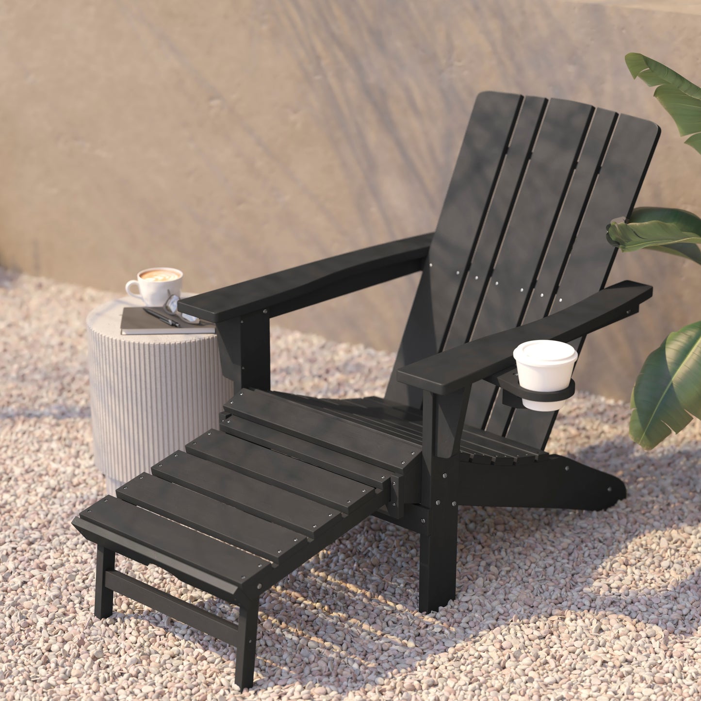 Halifax HDPE Adirondack Chair with Cup Holder and Pull Out Ottoman, All-Weather HDPE Indoor/Outdoor Lounge Chair in Gray Gray