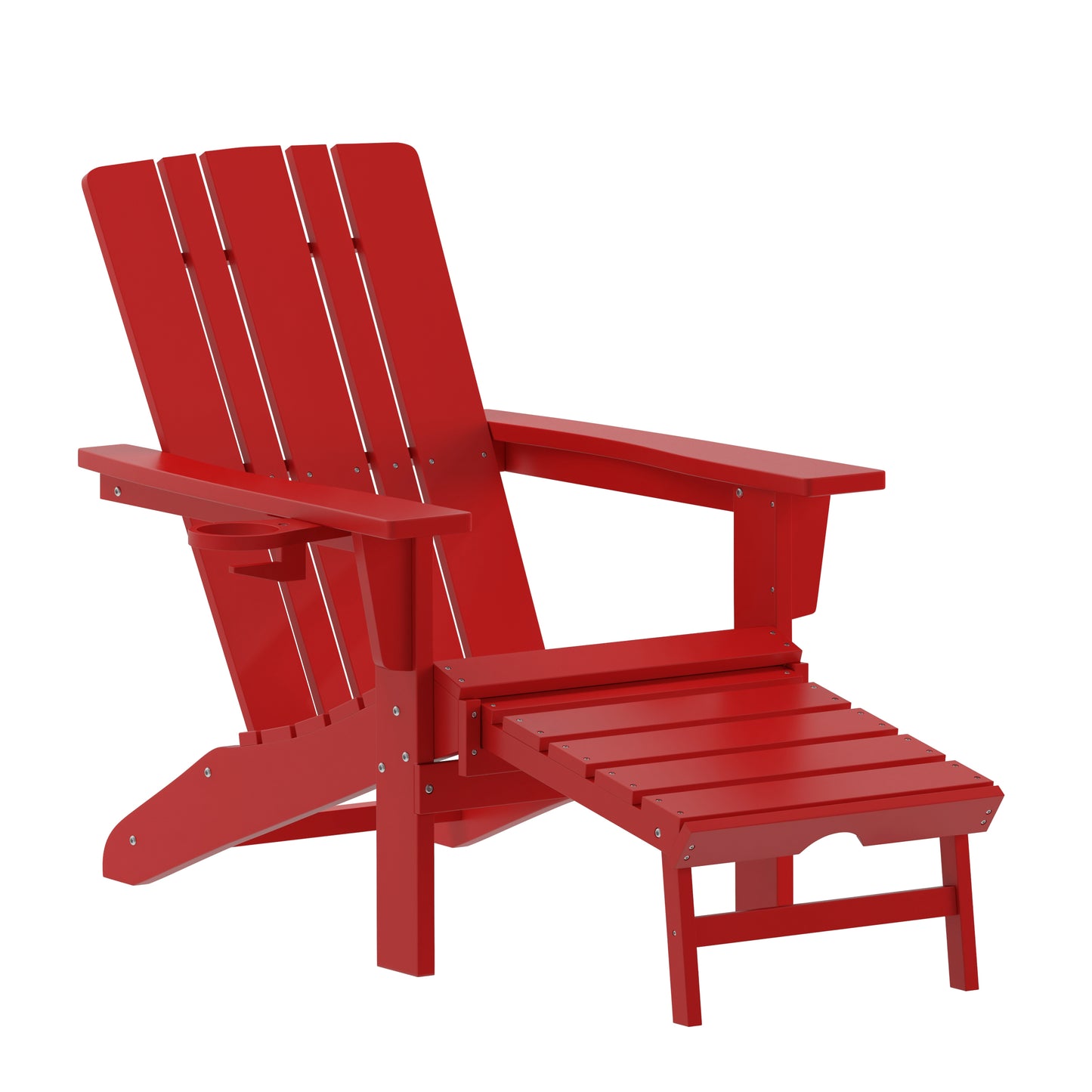 Halifax HDPE Adirondack Chair with Cup Holder and Pull Out Ottoman, All-Weather HDPE Indoor/Outdoor Lounge Chair in Red Red
