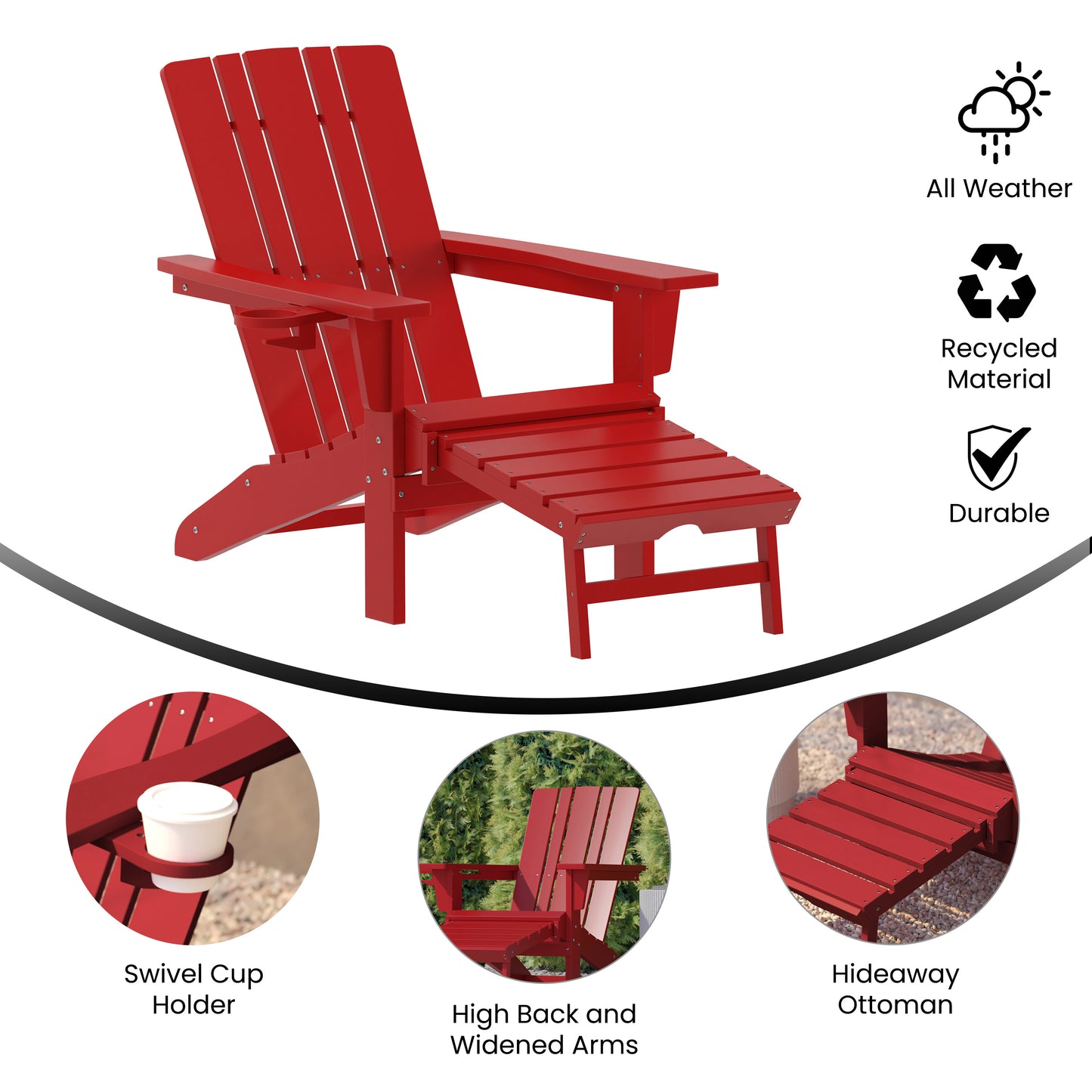 Halifax HDPE Adirondack Chair with Cup Holder and Pull Out Ottoman, All-Weather HDPE Indoor/Outdoor Lounge Chair in Red Red