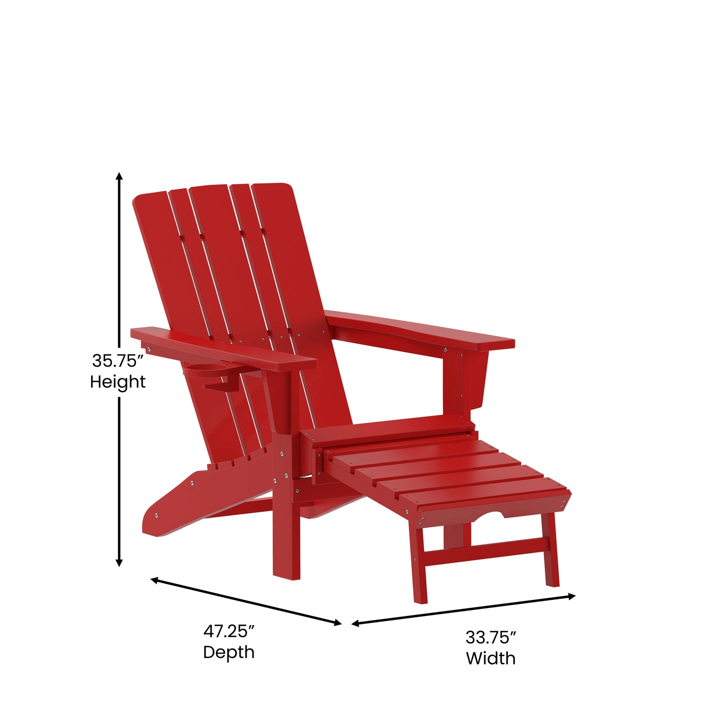 Halifax HDPE Adirondack Chair with Cup Holder and Pull Out Ottoman, All-Weather HDPE Indoor/Outdoor Lounge Chair in Red Red