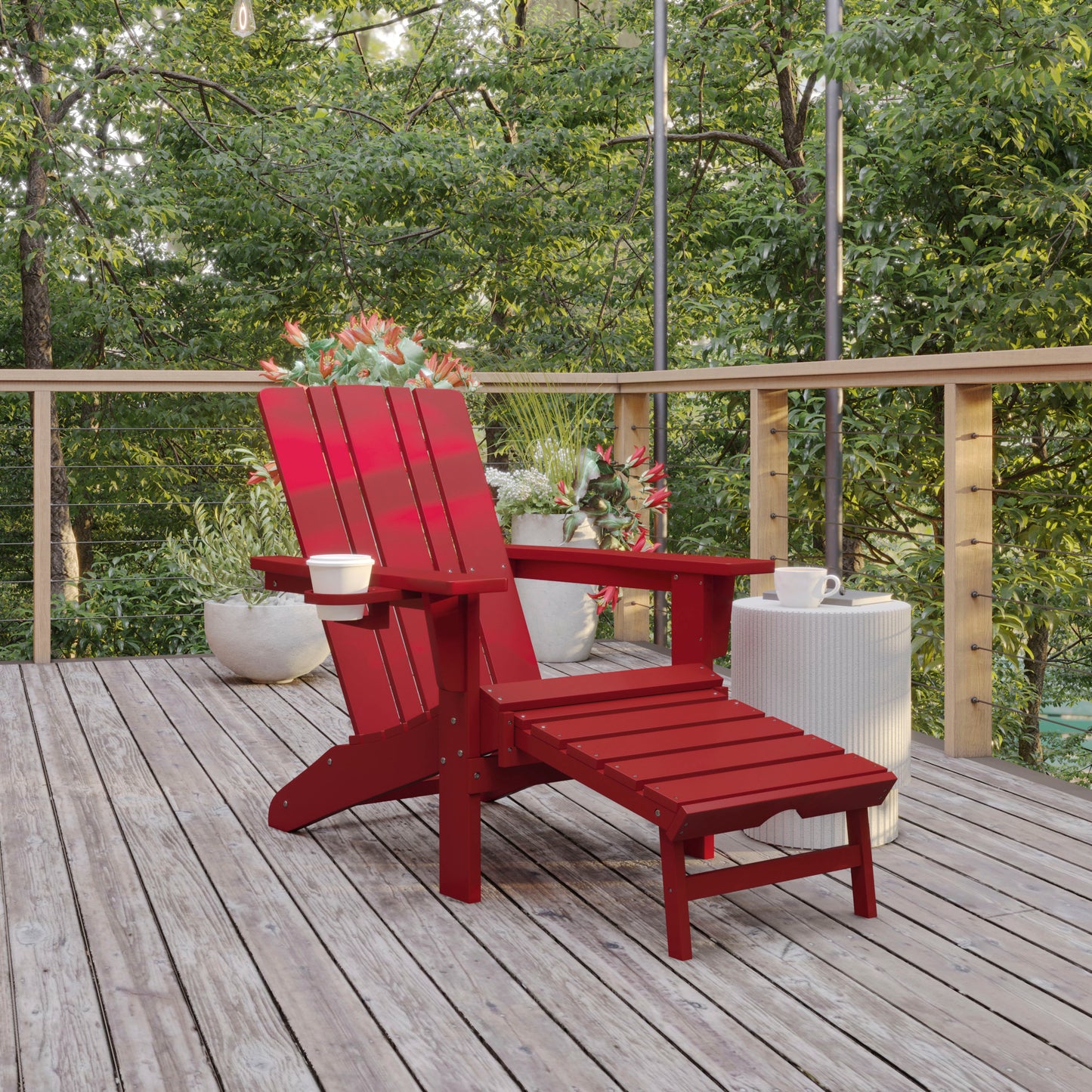 Halifax HDPE Adirondack Chair with Cup Holder and Pull Out Ottoman, All-Weather HDPE Indoor/Outdoor Lounge Chair in Red Red