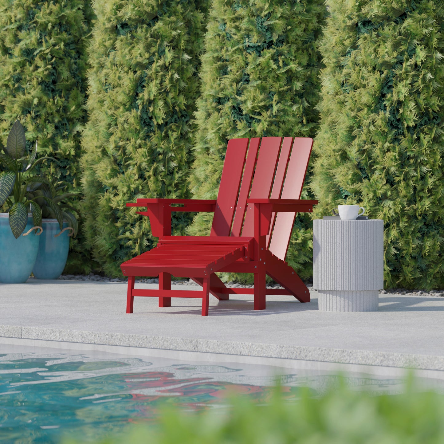 Halifax HDPE Adirondack Chair with Cup Holder and Pull Out Ottoman, All-Weather HDPE Indoor/Outdoor Lounge Chair in Red Red