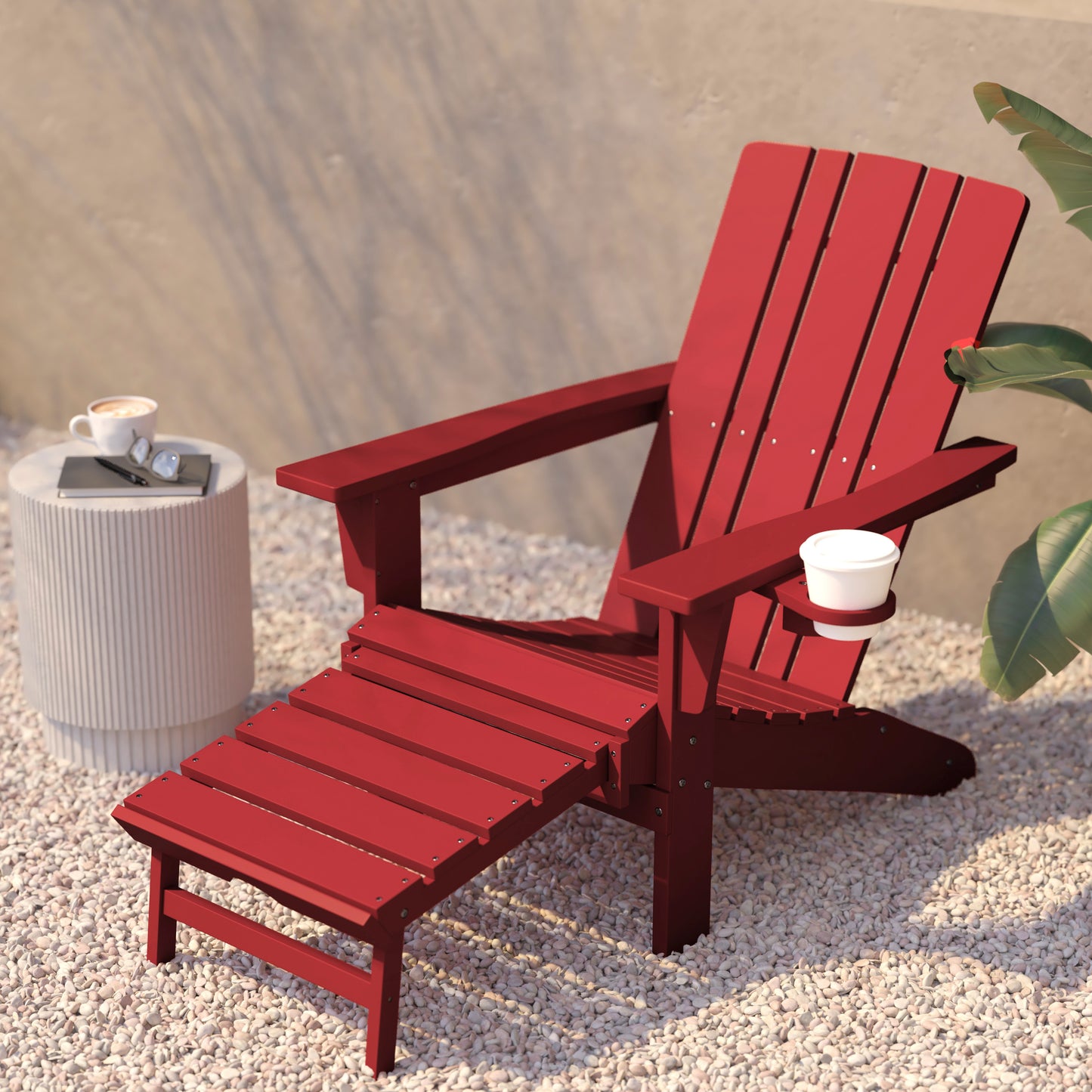 Halifax HDPE Adirondack Chair with Cup Holder and Pull Out Ottoman, All-Weather HDPE Indoor/Outdoor Lounge Chair in Red Red