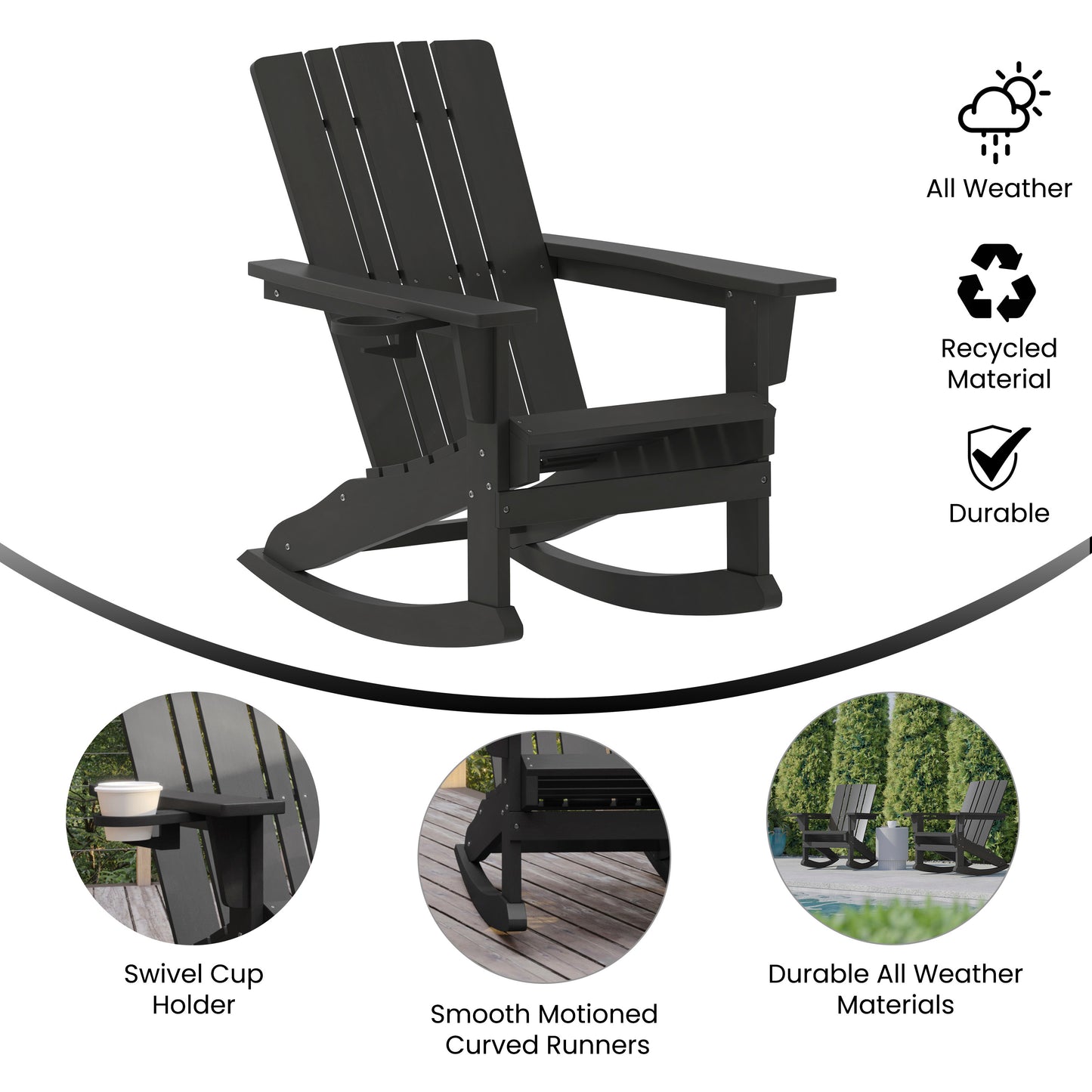 Halifax Adirondack Rocking Chair with Cup Holder, Weather Resistant HDPE Adirondack Rocking Chair in Black Black