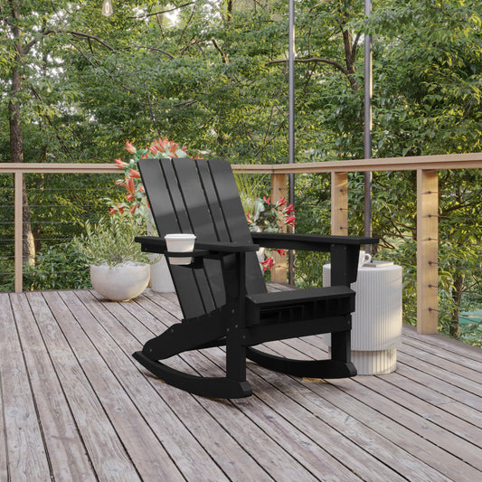 Halifax Adirondack Rocking Chair with Cup Holder, Weather Resistant HDPE Adirondack Rocking Chair in Black Black
