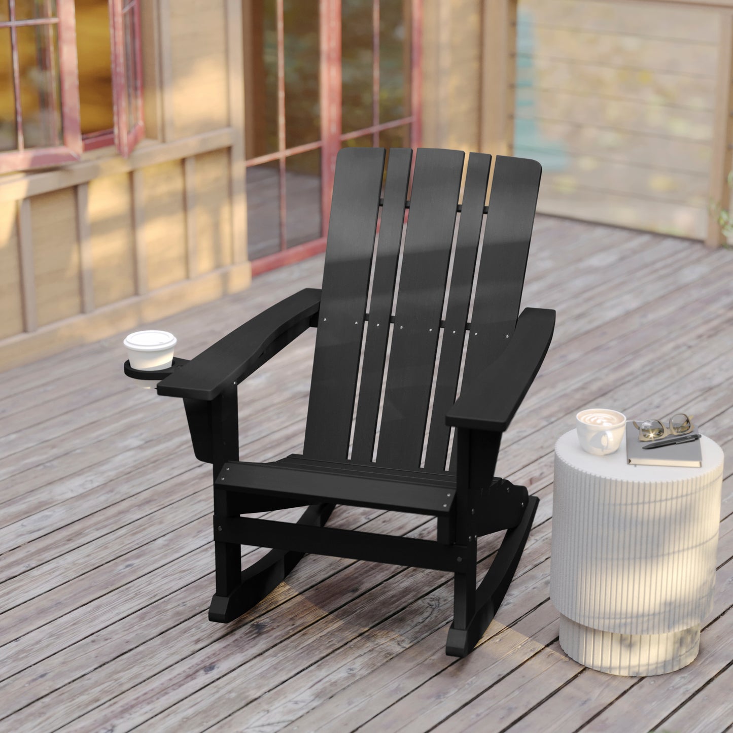 Halifax Adirondack Rocking Chair with Cup Holder, Weather Resistant HDPE Adirondack Rocking Chair in Black Black