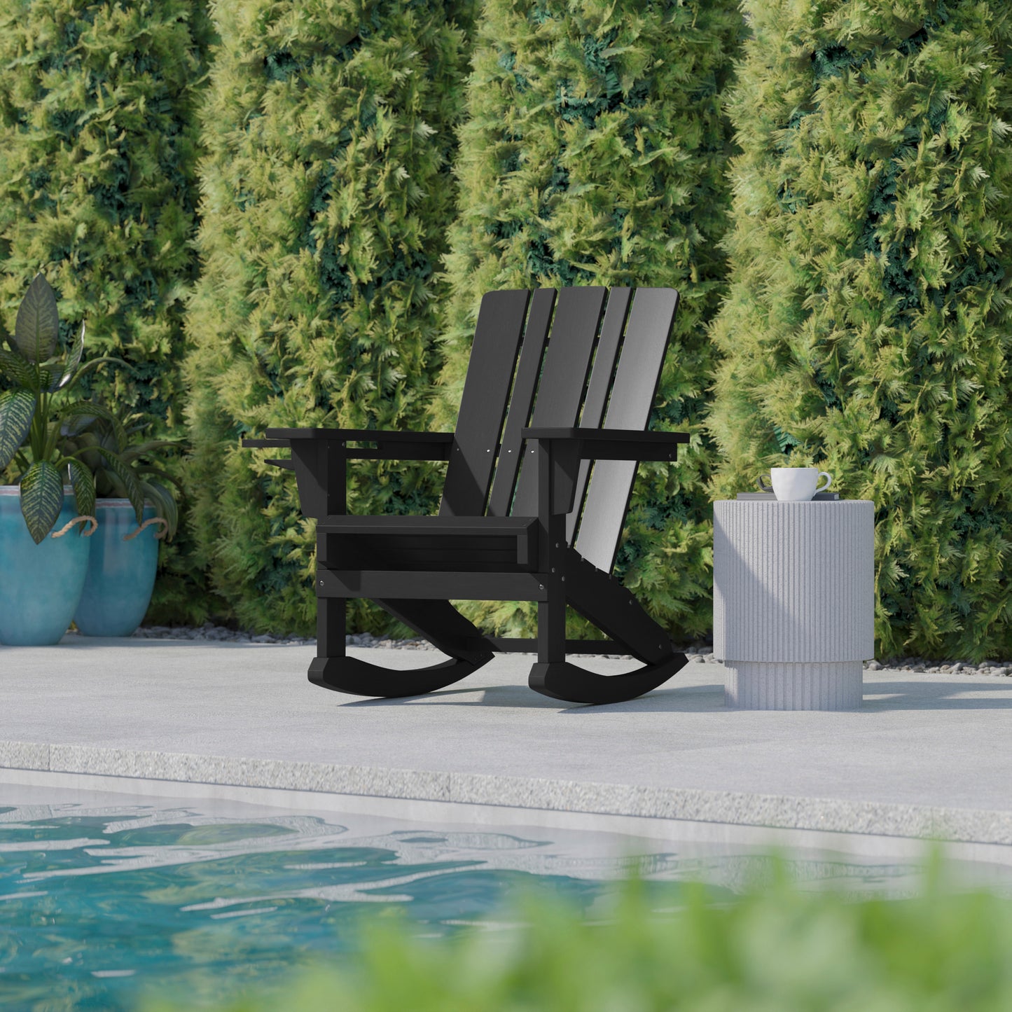 Halifax Adirondack Rocking Chair with Cup Holder, Weather Resistant HDPE Adirondack Rocking Chair in Black Black