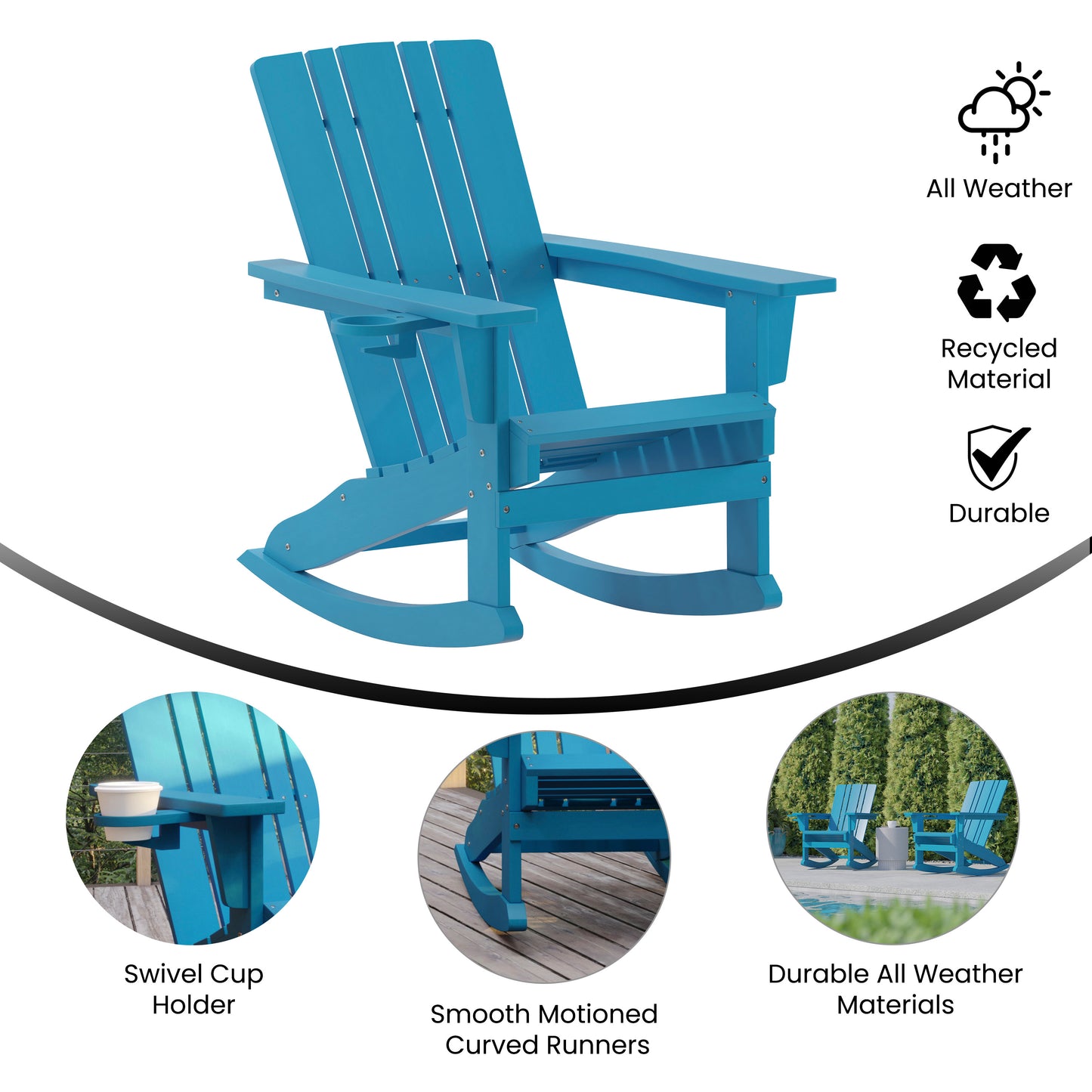 Halifax Adirondack Rocking Chair with Cup Holder, Weather Resistant HDPE Adirondack Rocking Chair in Blue Blue