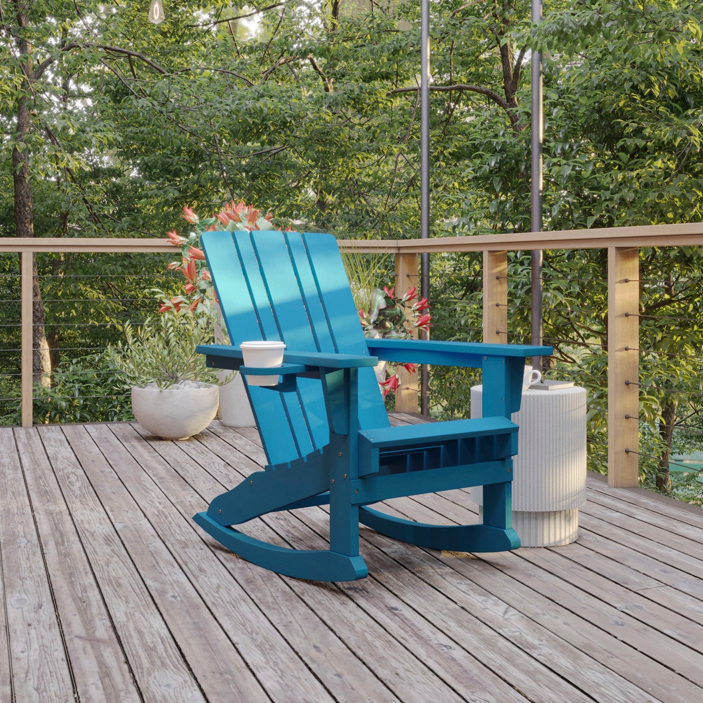 Halifax Adirondack Rocking Chair with Cup Holder, Weather Resistant HDPE Adirondack Rocking Chair in Blue Blue
