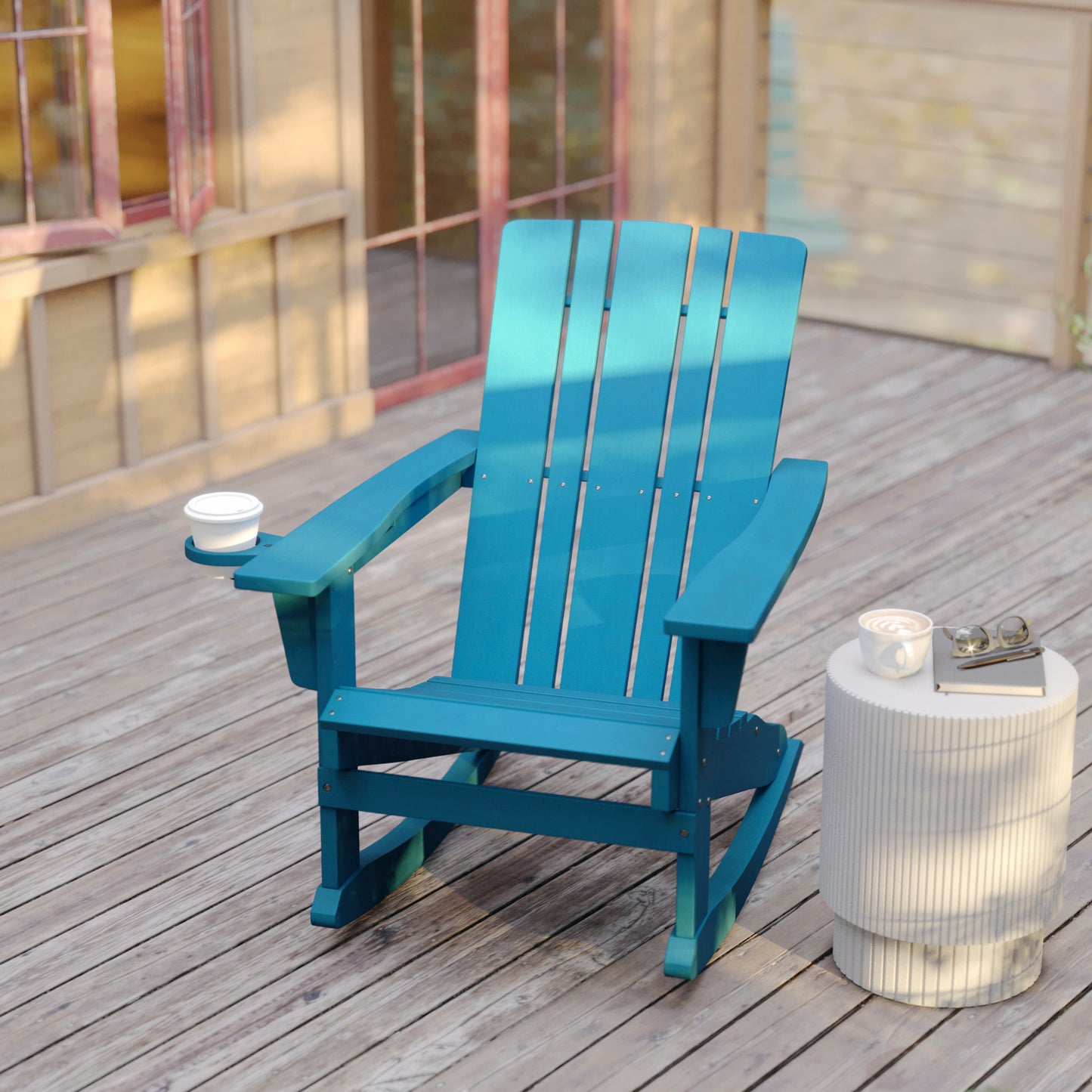 Halifax Adirondack Rocking Chair with Cup Holder, Weather Resistant HDPE Adirondack Rocking Chair in Blue Blue
