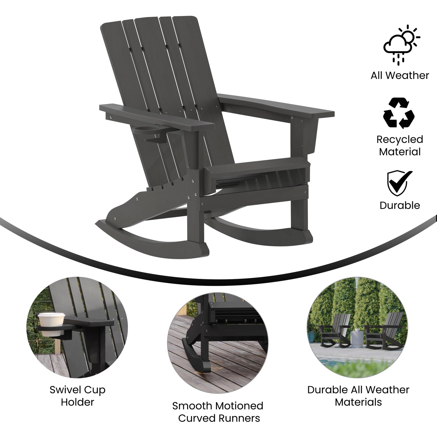 Halifax Adirondack Rocking Chair with Cup Holder, Weather Resistant HDPE Adirondack Rocking Chair in Gray Gray