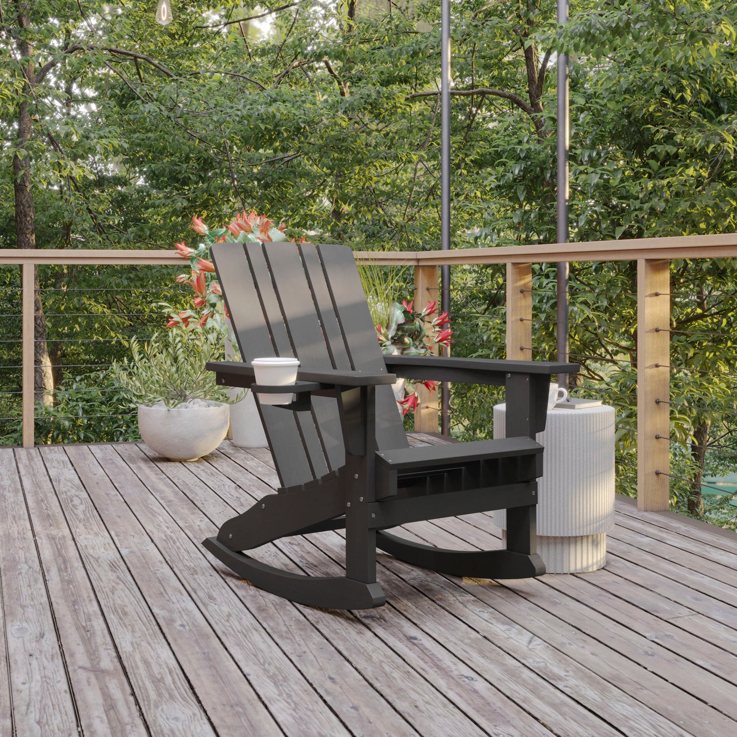 Halifax Adirondack Rocking Chair with Cup Holder, Weather Resistant HDPE Adirondack Rocking Chair in Gray Gray