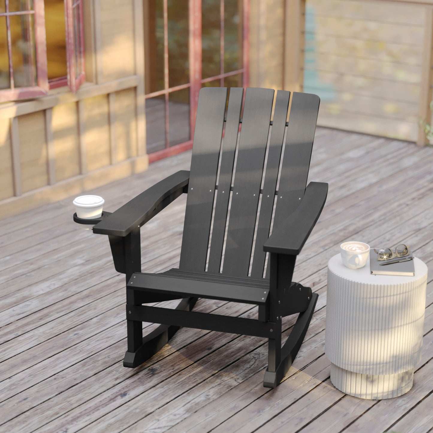 Halifax Adirondack Rocking Chair with Cup Holder, Weather Resistant HDPE Adirondack Rocking Chair in Gray Gray
