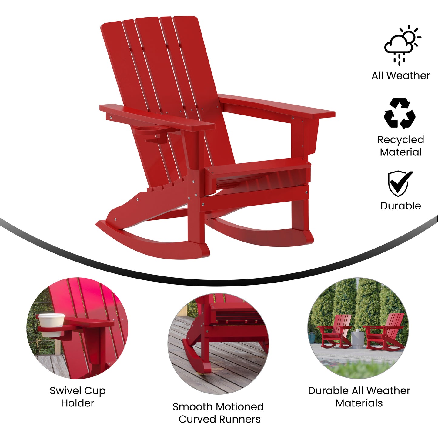 Halifax Adirondack Rocking Chair with Cup Holder, Weather Resistant HDPE Adirondack Rocking Chair in Red Red