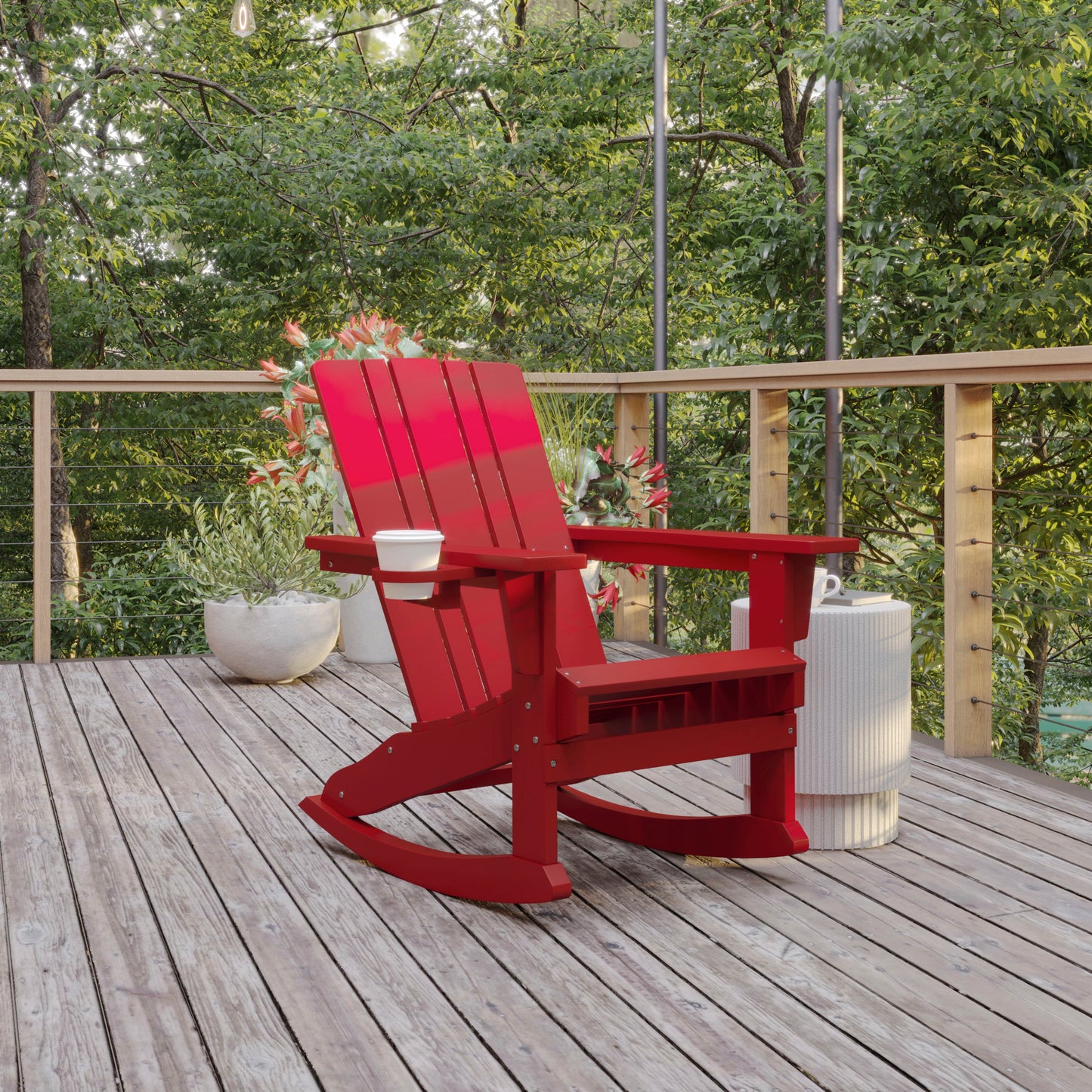 Halifax Adirondack Rocking Chair with Cup Holder, Weather Resistant HDPE Adirondack Rocking Chair in Red Red