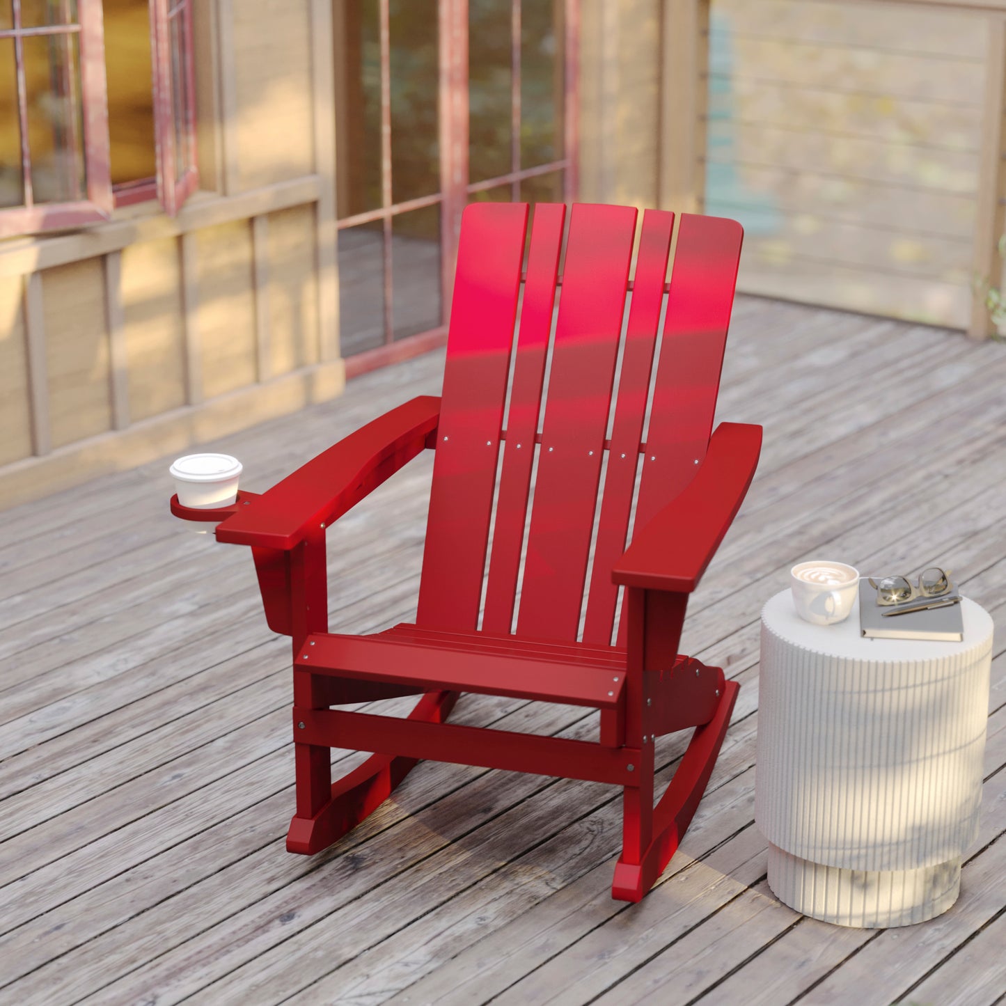 Halifax Adirondack Rocking Chair with Cup Holder, Weather Resistant HDPE Adirondack Rocking Chair in Red Red