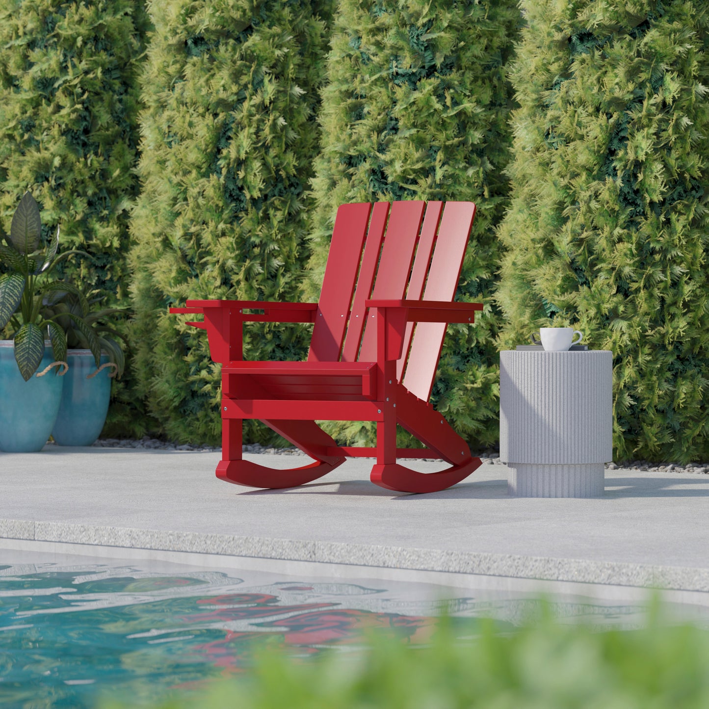 Halifax Adirondack Rocking Chair with Cup Holder, Weather Resistant HDPE Adirondack Rocking Chair in Red Red