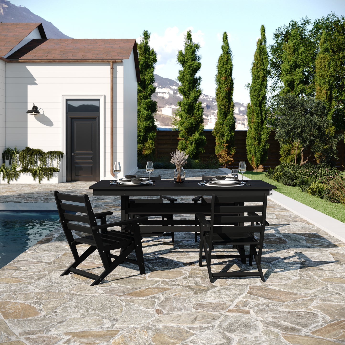 Abraham Commercial Grade Indoor/Outdoor 72" Rectangle Recycled HDPE Adirondack Dining Table for 6 in Black Black