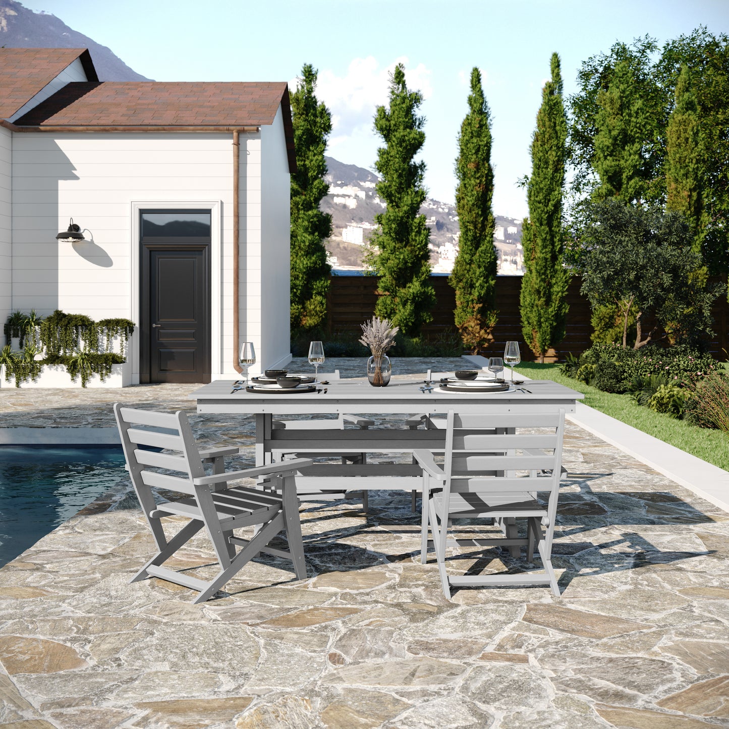 Abraham Commercial Grade Indoor/Outdoor 72" Rectangle Recycled HDPE Adirondack Dining Table for 6 in Gray Gray