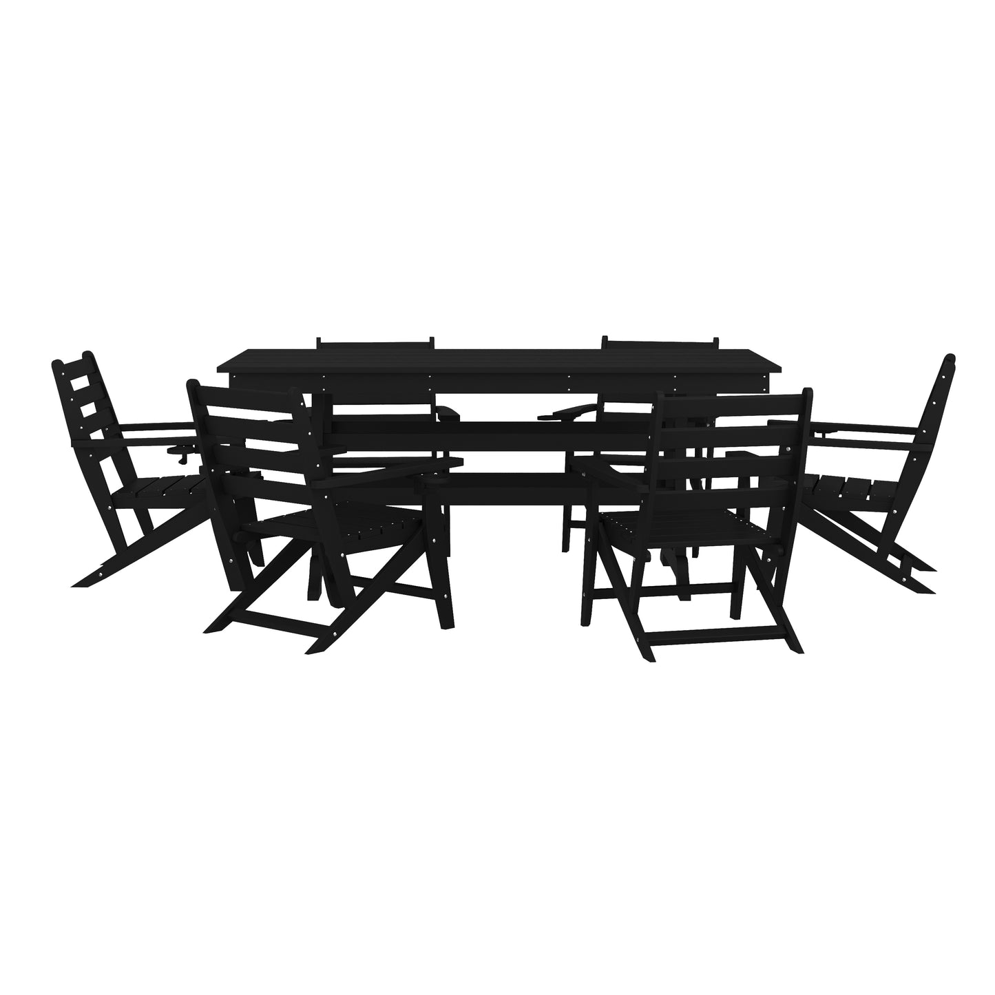 Tolleson Commercial 7 Piece Adirondack Dining Set with 72" Rectangle Indoor/Outdoor Recycled HDPE Table and 6 Chairs with Cupholders in Black Black