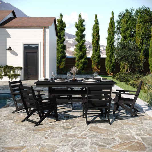 Tolleson Commercial 7 Piece Adirondack Dining Set with 72" Rectangle Indoor/Outdoor Recycled HDPE Table and 6 Chairs with Cupholders in Black Black LE-HMP-158-2037-BLK-GG
