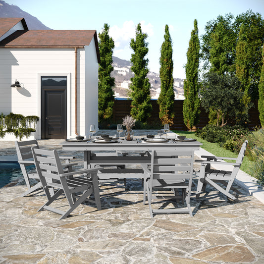 Tolleson Commercial 7 Piece Adirondack Dining Set with 72" Rectangle Indoor/Outdoor Recycled HDPE Table and 6 Chairs with Cupholders in Gray Gray LE-HMP-158-2037-GRY-GG