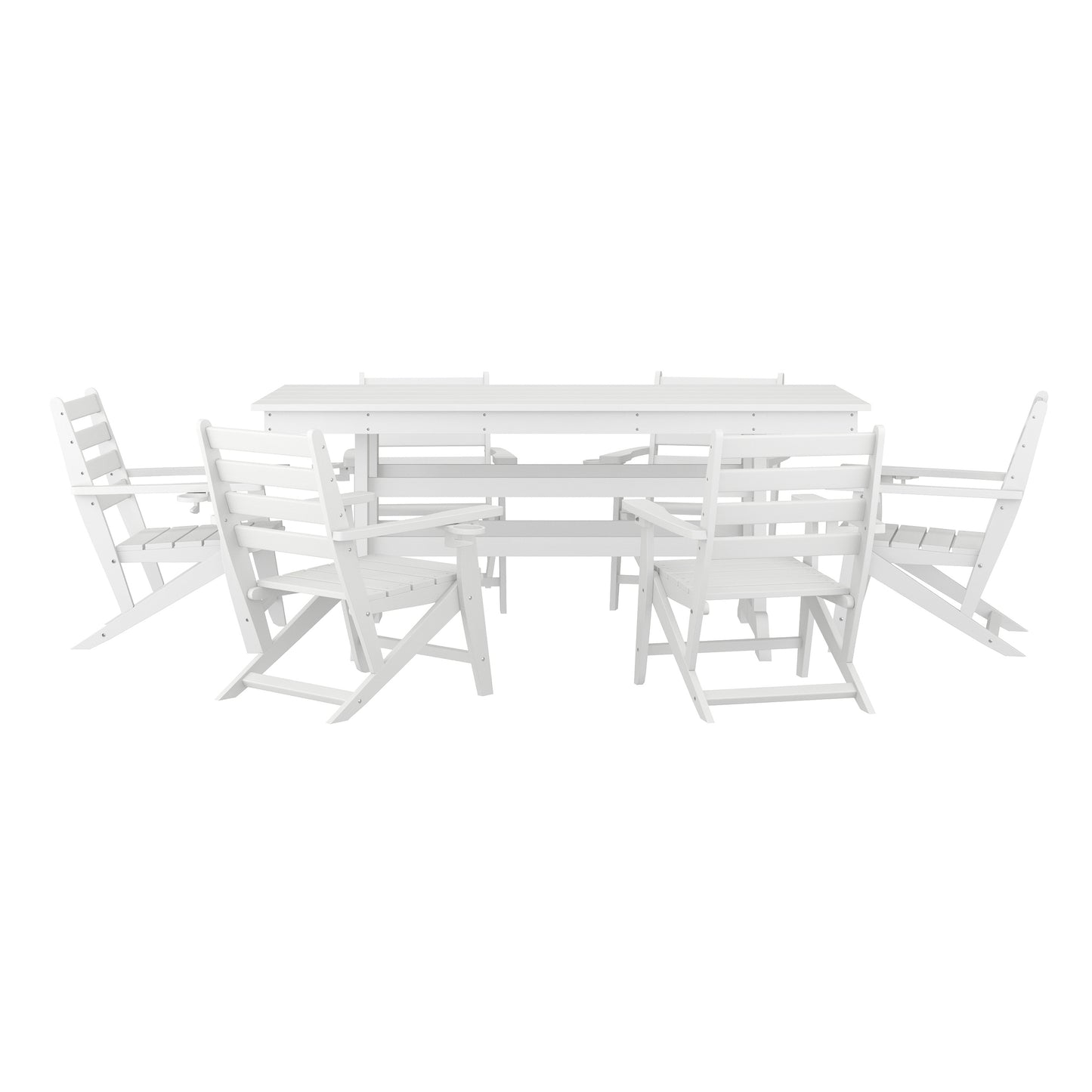 Tolleson Commercial 7 Piece Adirondack Dining Set with 72" Rectangle Indoor/Outdoor Recycled HDPE Table and 6 Chairs with Cupholders in White White