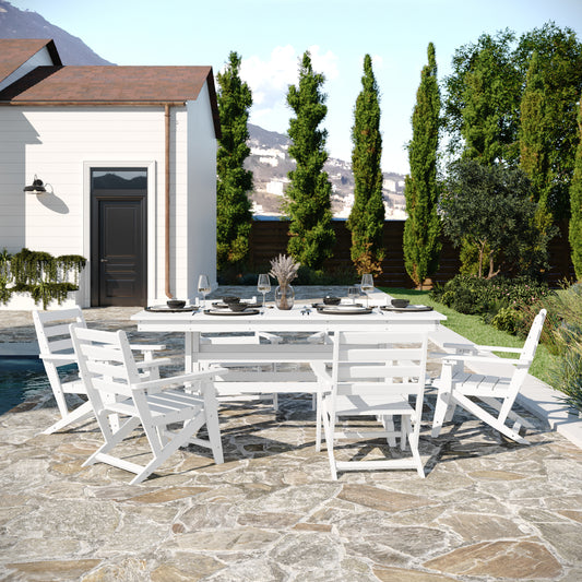 Tolleson Commercial 7 Piece Adirondack Dining Set with 72" Rectangle Indoor/Outdoor Recycled HDPE Table and 6 Chairs with Cupholders in White White LE-HMP-158-2037-WHT-GG
