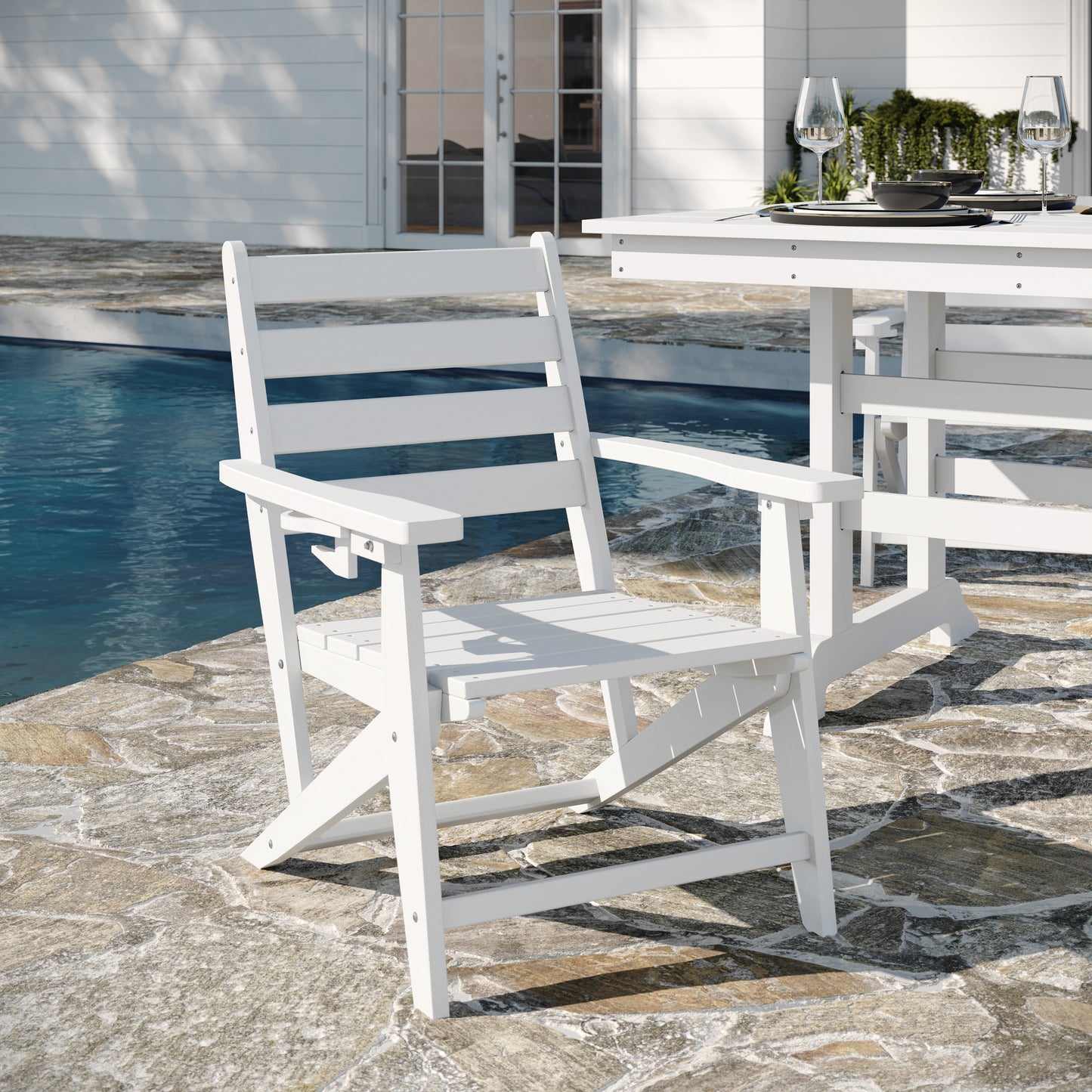Tolleson Commercial 7 Piece Adirondack Dining Set with 72" Rectangle Indoor/Outdoor Recycled HDPE Table and 6 Chairs with Cupholders in White White