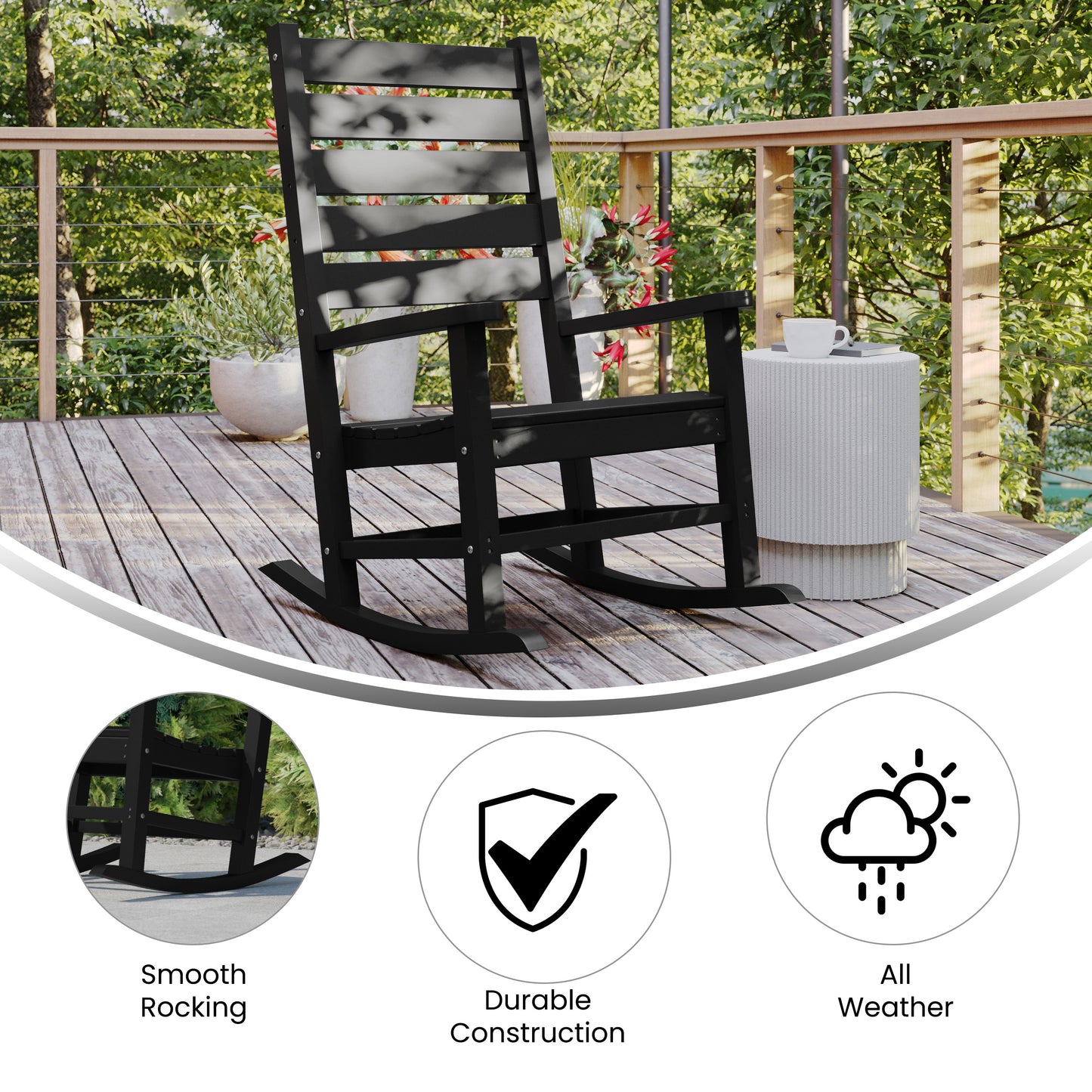 Manchester Contemporary Rocking Chair, All-Weather HDPE Indoor/Outdoor Rocker in Black Black