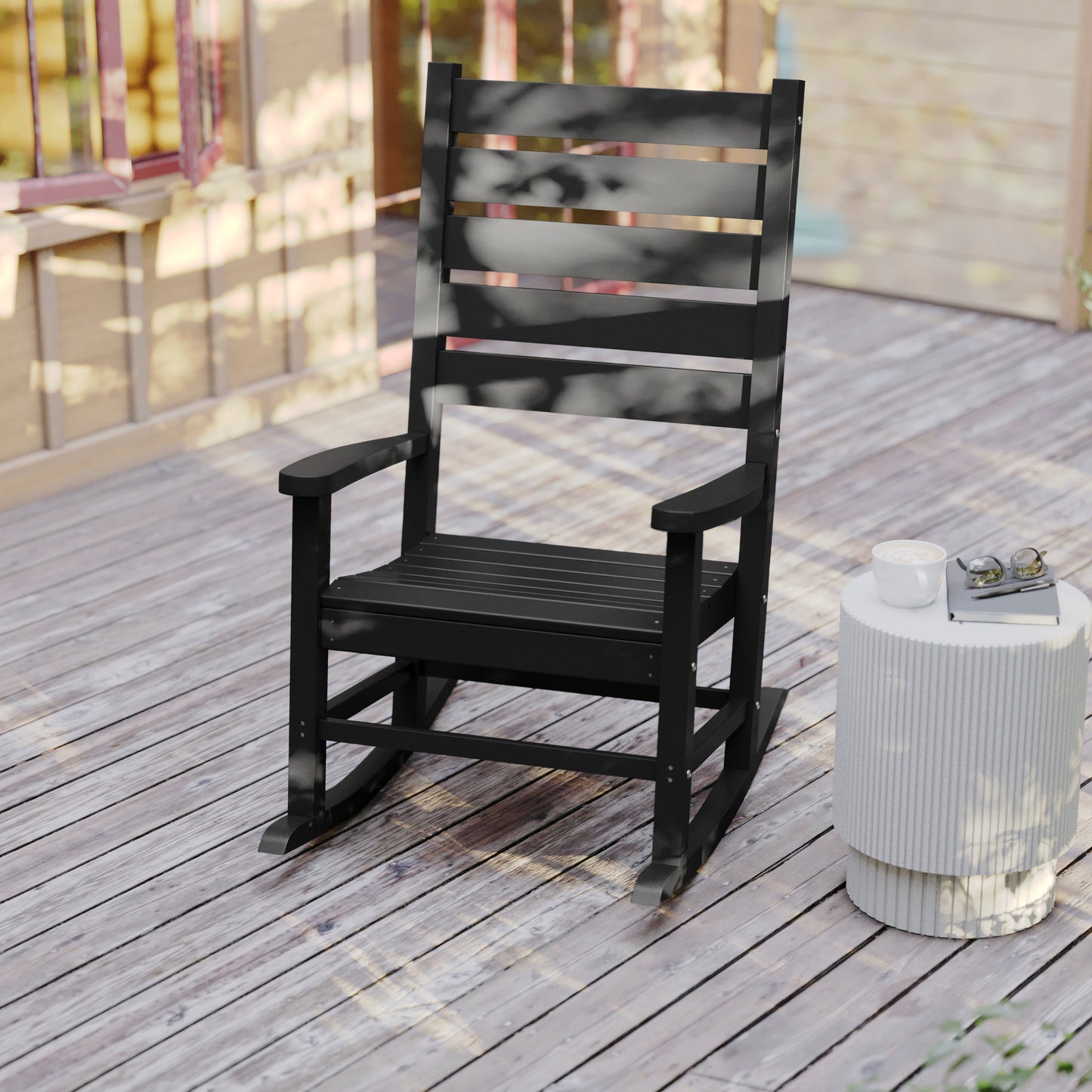 Manchester Contemporary Rocking Chair, All-Weather HDPE Indoor/Outdoor Rocker in Black Black