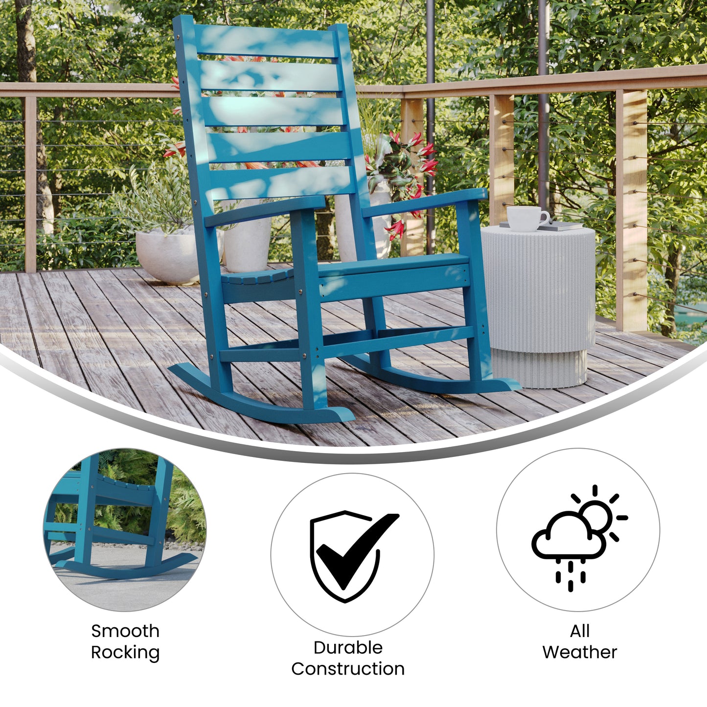 Manchester Contemporary Rocking Chair, All-Weather HDPE Indoor/Outdoor Rocker in Blue Blue