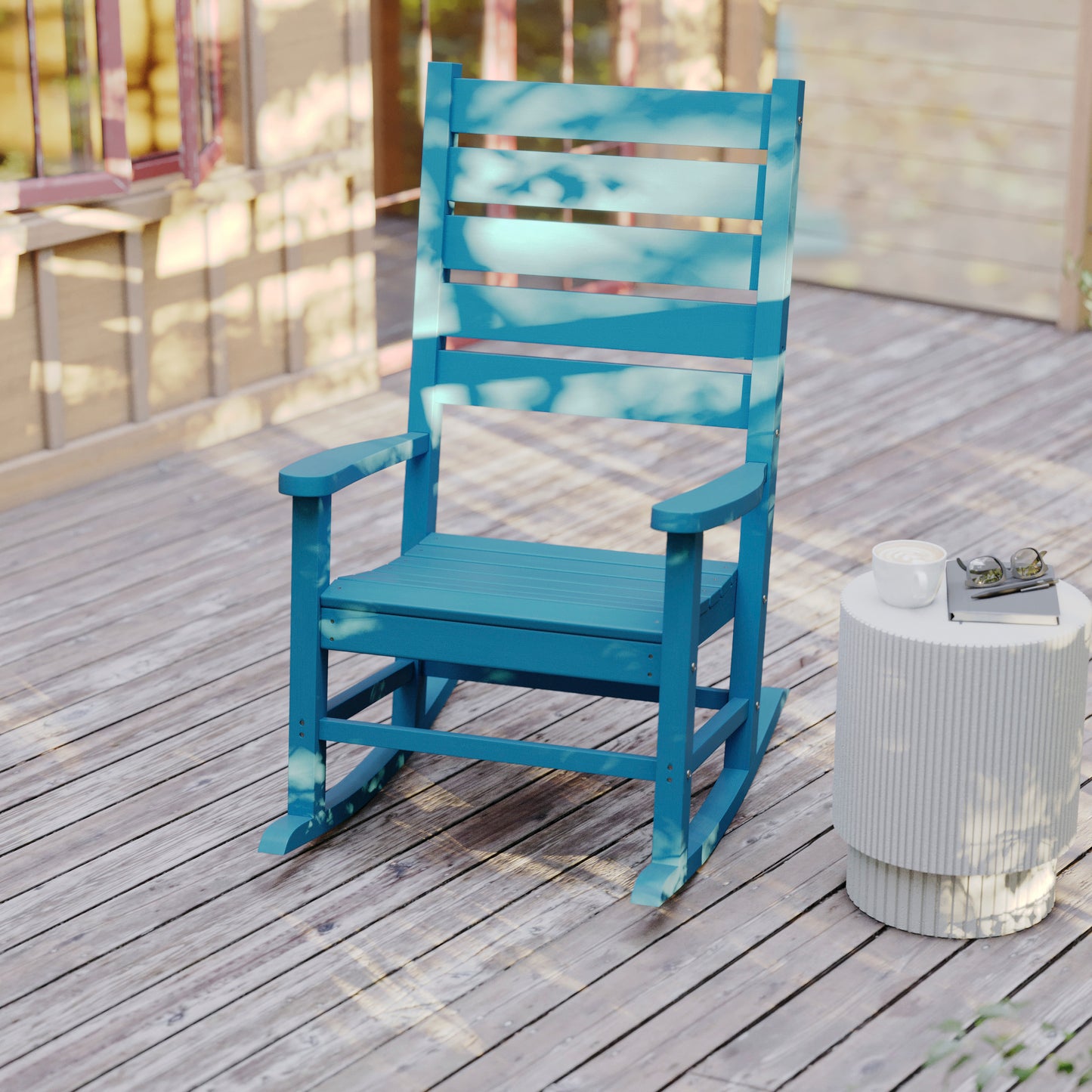 Manchester Contemporary Rocking Chair, All-Weather HDPE Indoor/Outdoor Rocker in Blue Blue