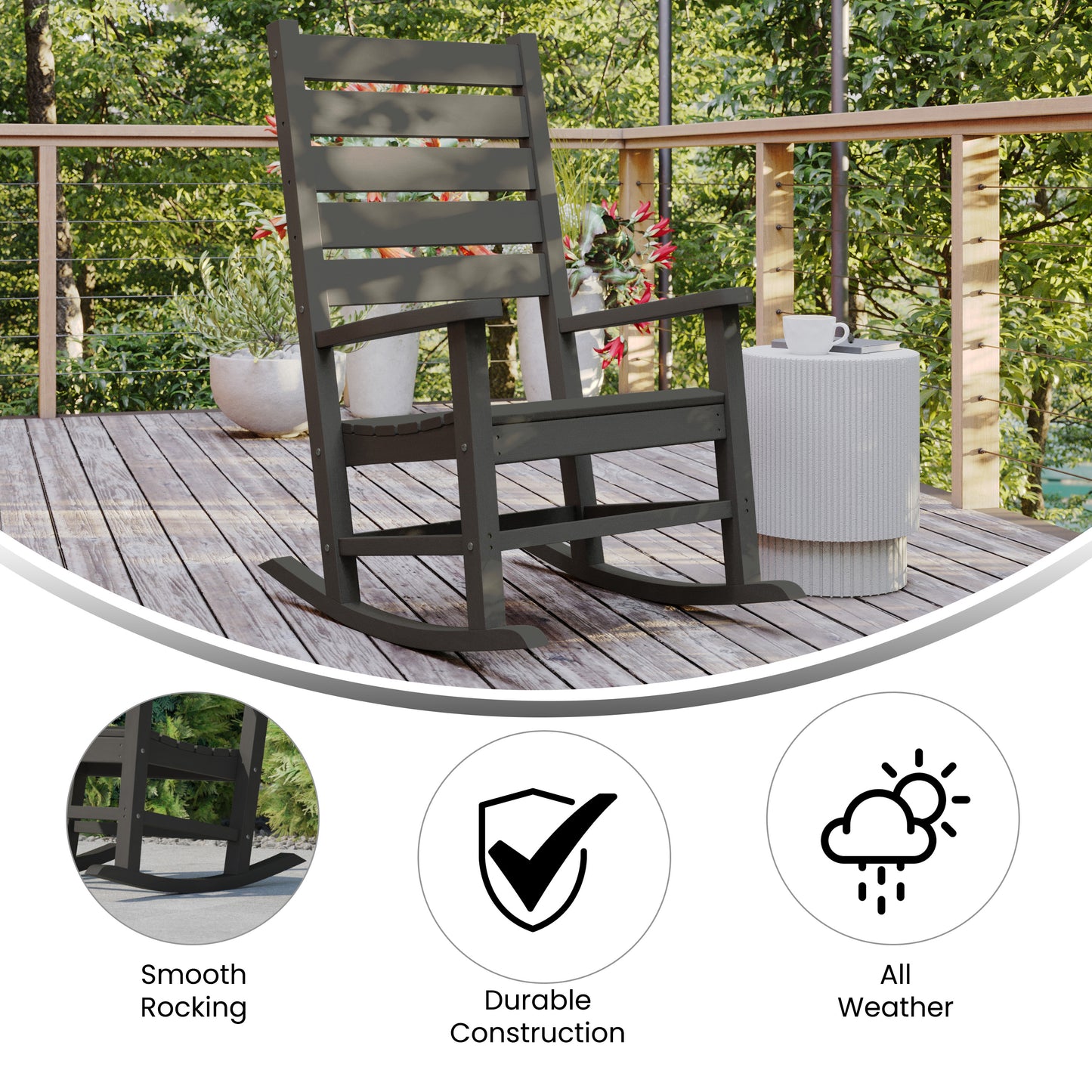 Manchester Contemporary Rocking Chair, All-Weather HDPE Indoor/Outdoor Rocker in Gray Gray