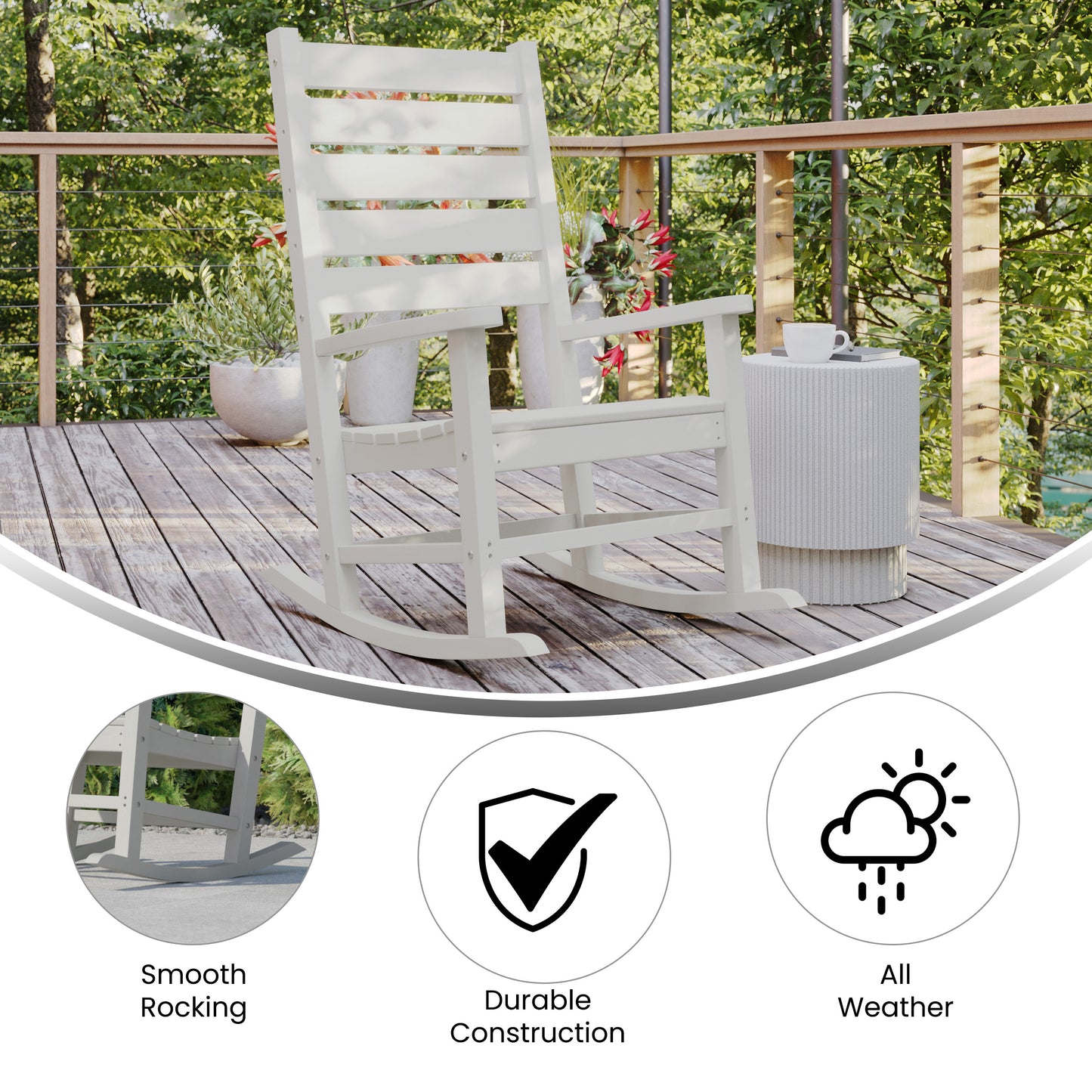 Manchester Contemporary Rocking Chair, All-Weather HDPE Indoor/Outdoor Rocker in White White