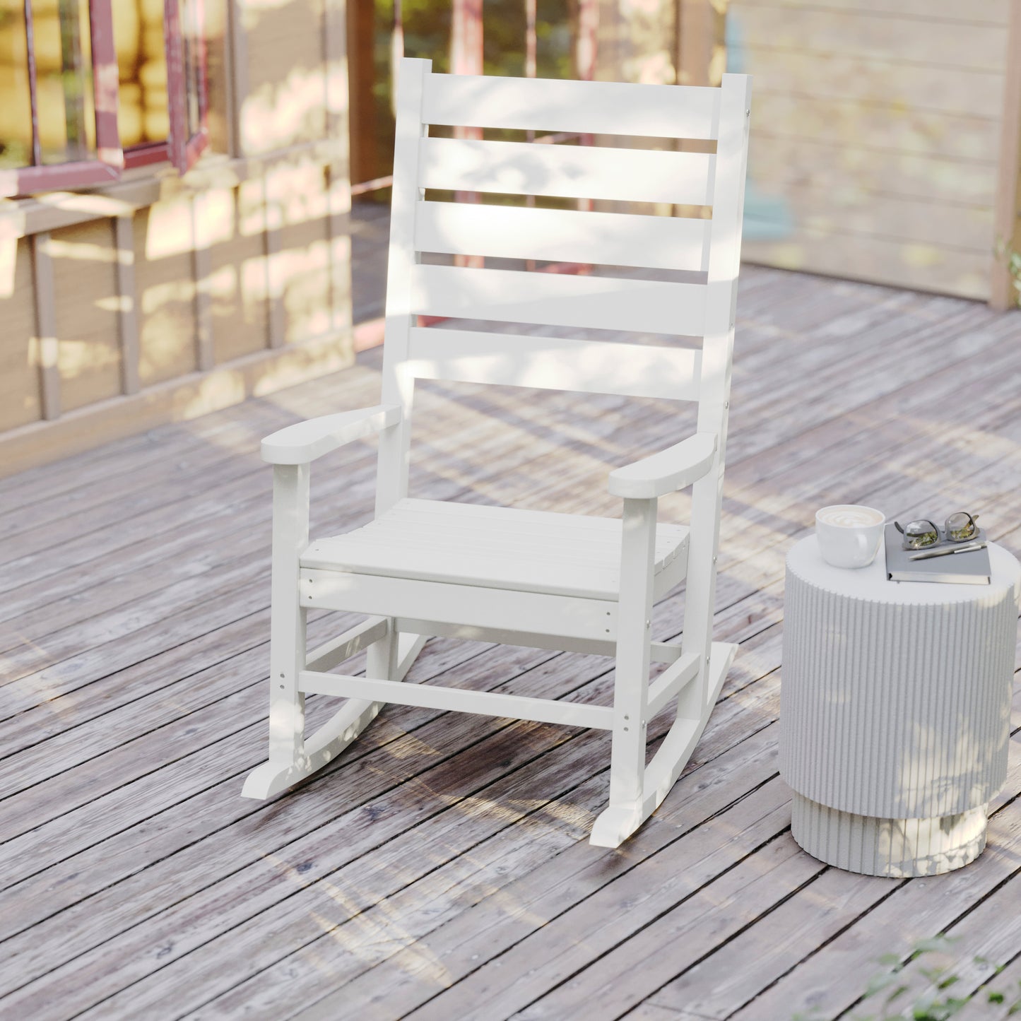 Manchester Contemporary Rocking Chair, All-Weather HDPE Indoor/Outdoor Rocker in White White