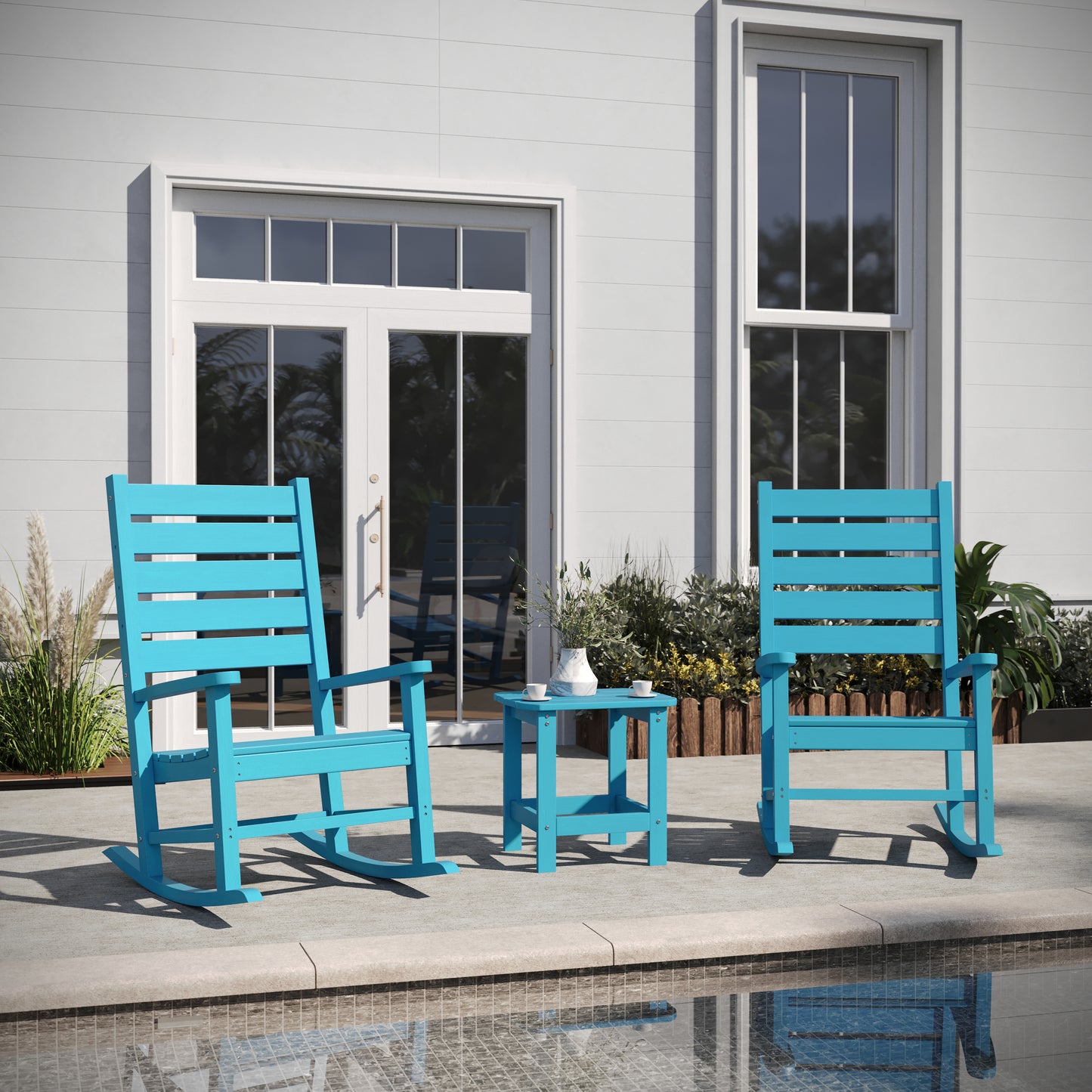 Manchester Commercial Grade 3-Piece Indoor/Outdoor Set with 2 Contemporary All-Weather HDPE Rocking Chairs and End Table in Blue Blue