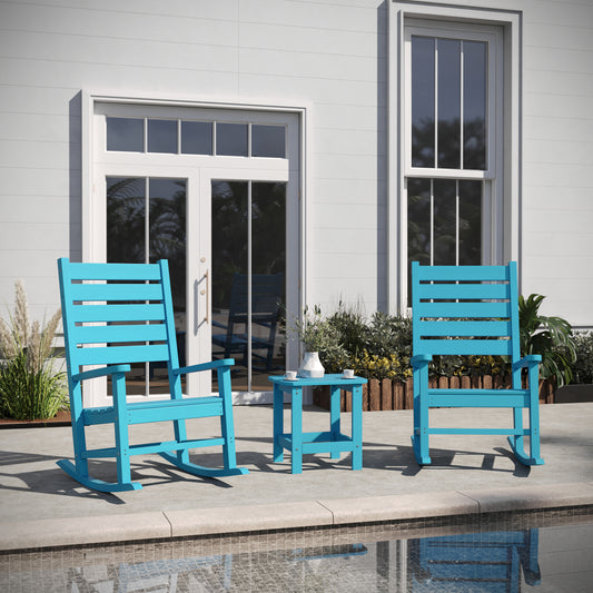 Manchester Commercial Grade 3-Piece Indoor/Outdoor Set with 2 Contemporary All-Weather HDPE Rocking Chairs and End Table in Blue Blue
