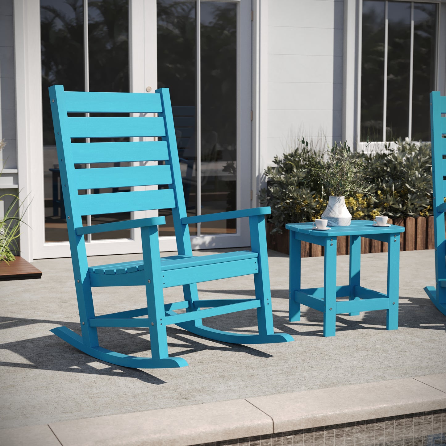 Manchester Commercial Grade 3-Piece Indoor/Outdoor Set with 2 Contemporary All-Weather HDPE Rocking Chairs and End Table in Blue Blue
