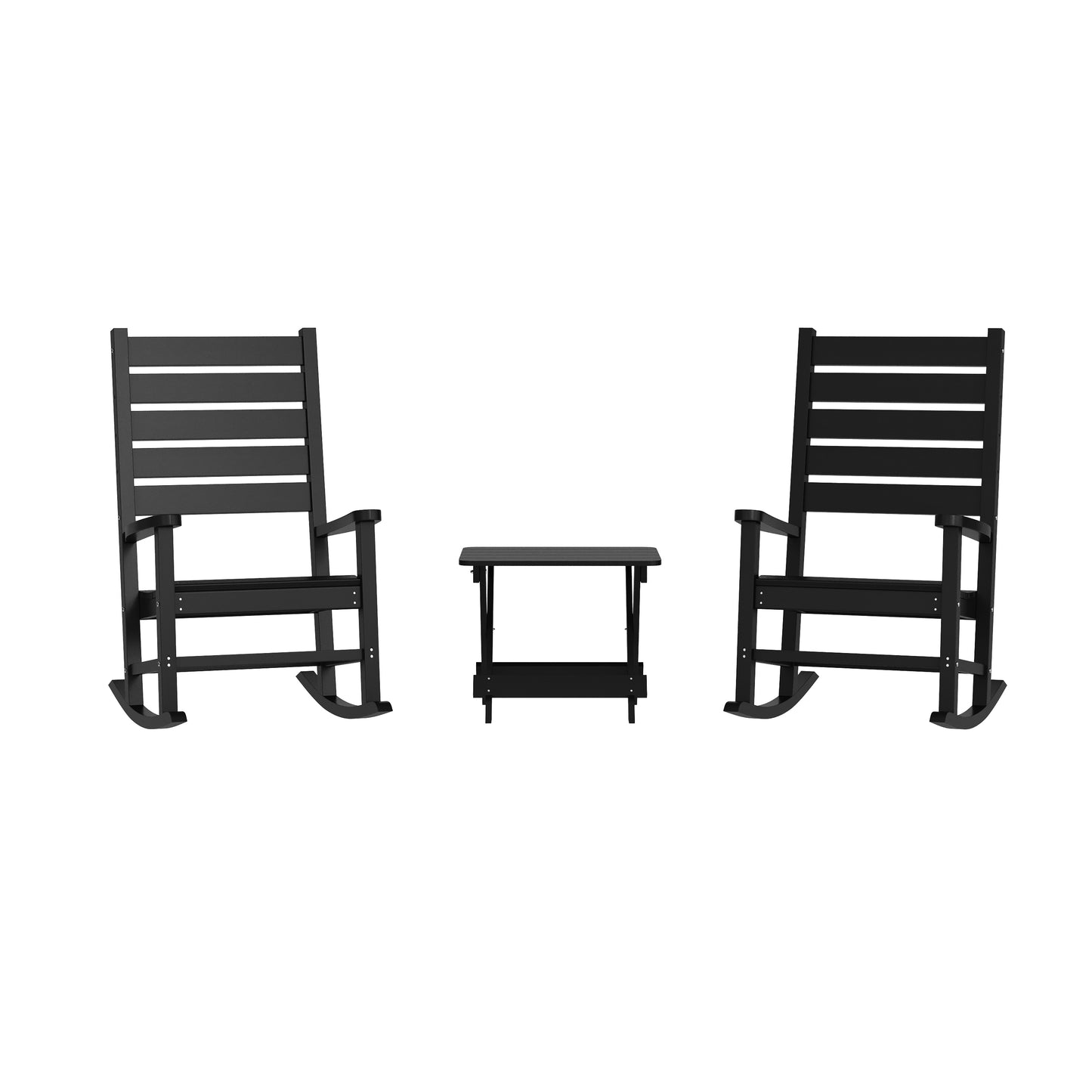 Manchester Commercial Grade 3-Piece Indoor/Outdoor Set with 2 Contemporary All-Weather HDPE Rocking Chairs and End Table in Black Black