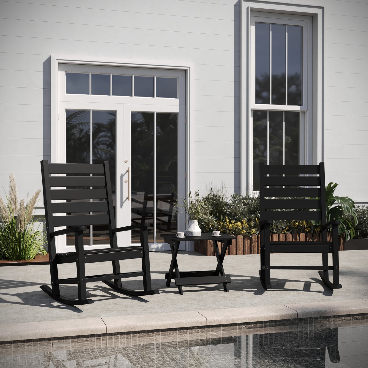 Manchester Commercial Grade 3-Piece Indoor/Outdoor Set with 2 Contemporary All-Weather HDPE Rocking Chairs and End Table in Black Black