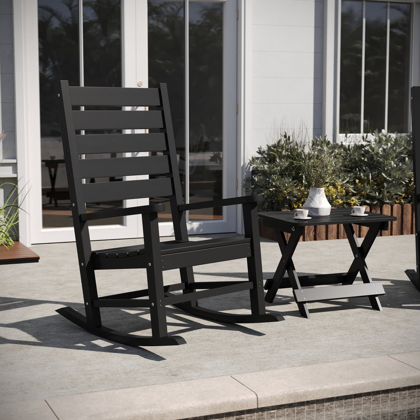 Manchester Commercial Grade 3-Piece Indoor/Outdoor Set with 2 Contemporary All-Weather HDPE Rocking Chairs and End Table in Black Black