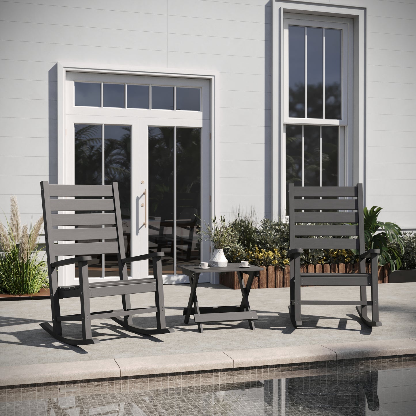 Manchester Commercial Grade 3-Piece Indoor/Outdoor Set with 2 Contemporary All-Weather HDPE Rocking Chairs and End Table in Gray Gray