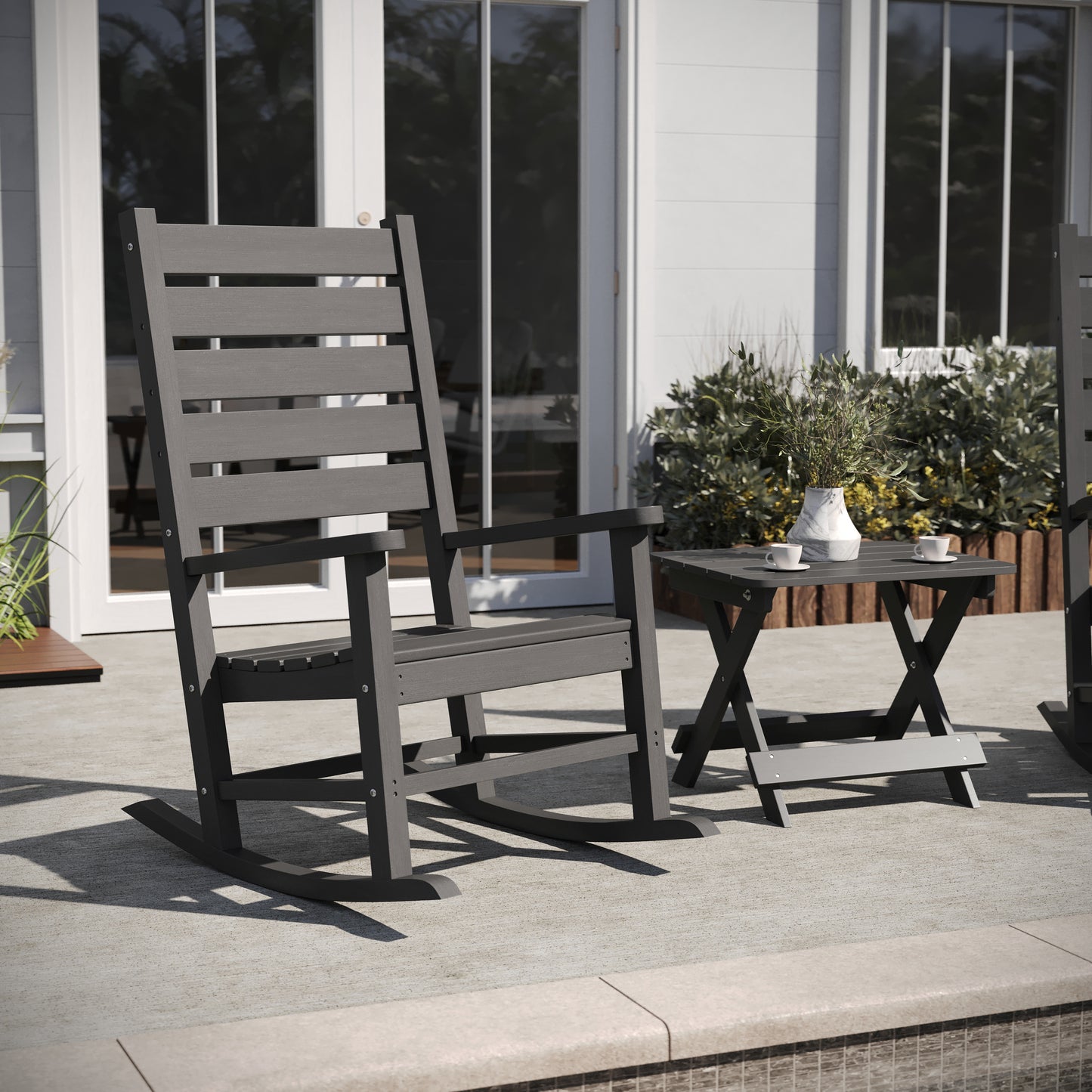 Manchester Commercial Grade 3-Piece Indoor/Outdoor Set with 2 Contemporary All-Weather HDPE Rocking Chairs and End Table in Gray Gray