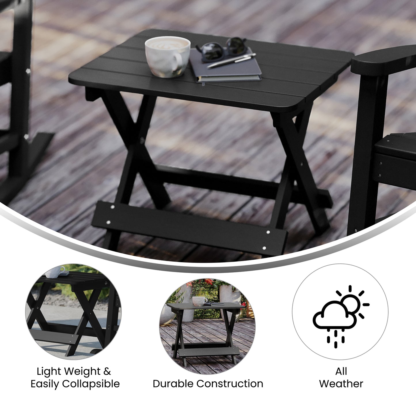 Halifax Outdoor Folding Side Table, Portable All-Weather HDPE Adirondack Side Table in Black Black