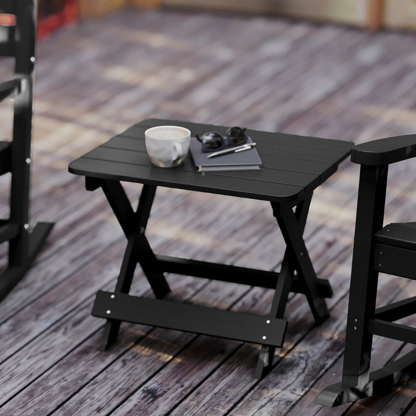 Halifax Outdoor Folding Side Table, Portable All-Weather HDPE Adirondack Side Table in Black Black