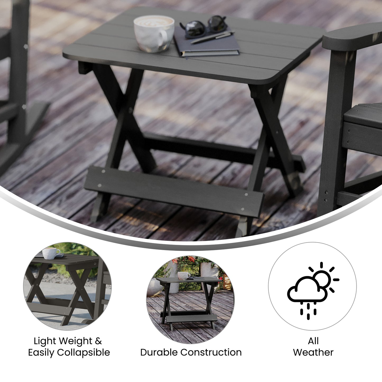 Halifax Outdoor Folding Side Table, Portable All-Weather HDPE Adirondack Side Table in Gray Gray