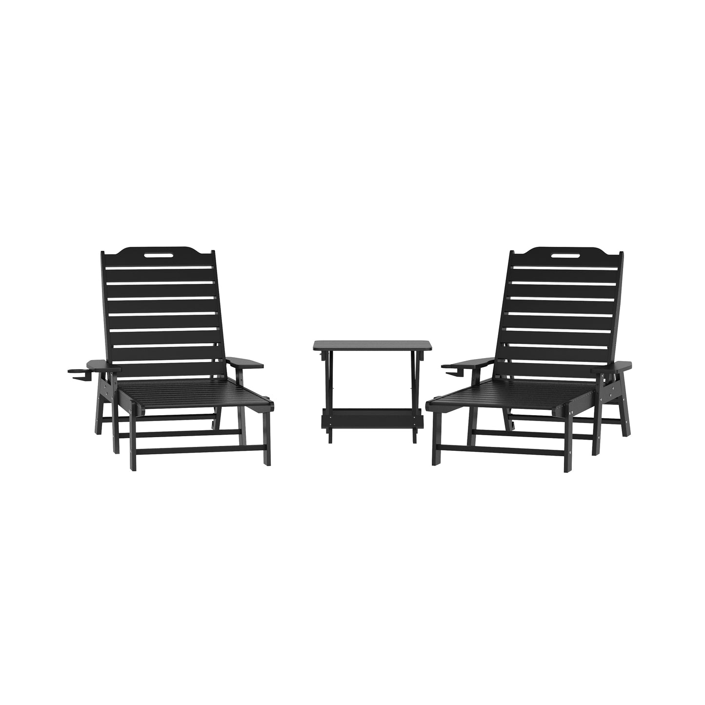 Monterey Commercial Grade 3-Piece Indoor/Outdoor Adirondack Set with 2 Adjustable HDPE Loungers with Cup Holders and Folding Side Table in Black Black